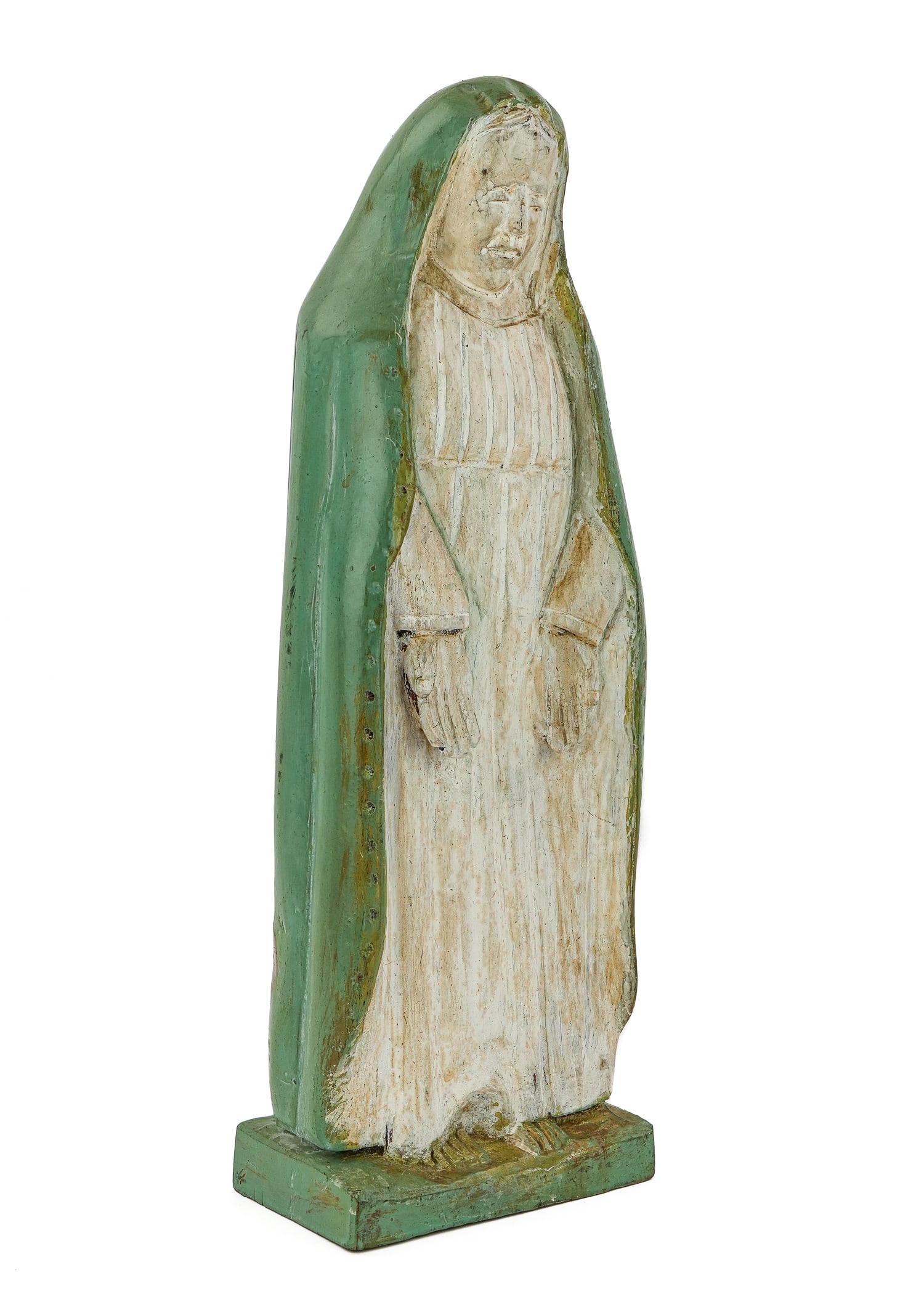 Frank Moran Vermont Folk Art Madonna: Frank Moran (1887-1967 East Fairfield, Vt) folk art carved wood and polychrome painted statue of the Madonna. Frank Moran did carvings for several churches in Franklin County, VT, detailed carvings