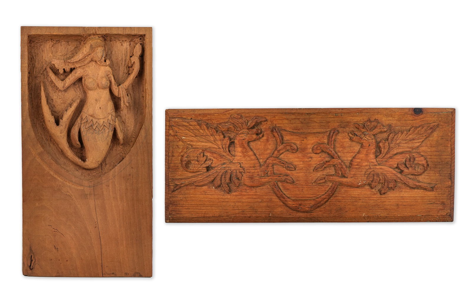 Frank Moran Vermont Folk Art Plaques: Two Frank Moran (1887-1967 East Fairfield, Vt) folk art carved wooden plaques- mermaid, pair of winged griffins. Frank Moran did carvings for several churches in Franklin County, VT, detailed