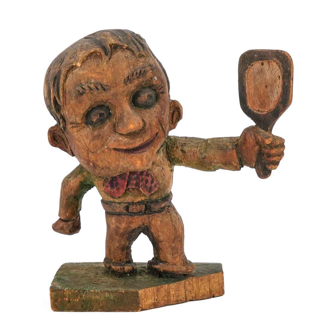 Frank Moran Vermont Folk Art Carved Figure: Frank Moran (1887-1967 East Fairfield, Vt) humorous folk art carved wooden figure of a handsome man admiring himself in a hand mirror. Frank Moran did carvings for several churches in Franklin