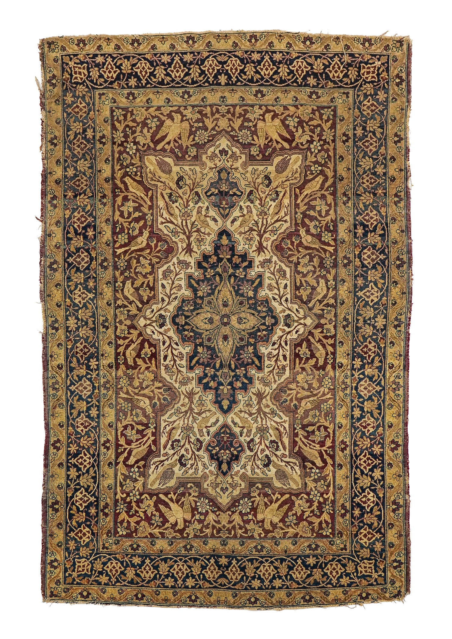 Early 20th c Persian Tabriz Area rug: Early 20th c Persian Tabriz area rug, center medallion with birds, low pile, even wear, 4' 3" x 6' 6", edge damage on both sides