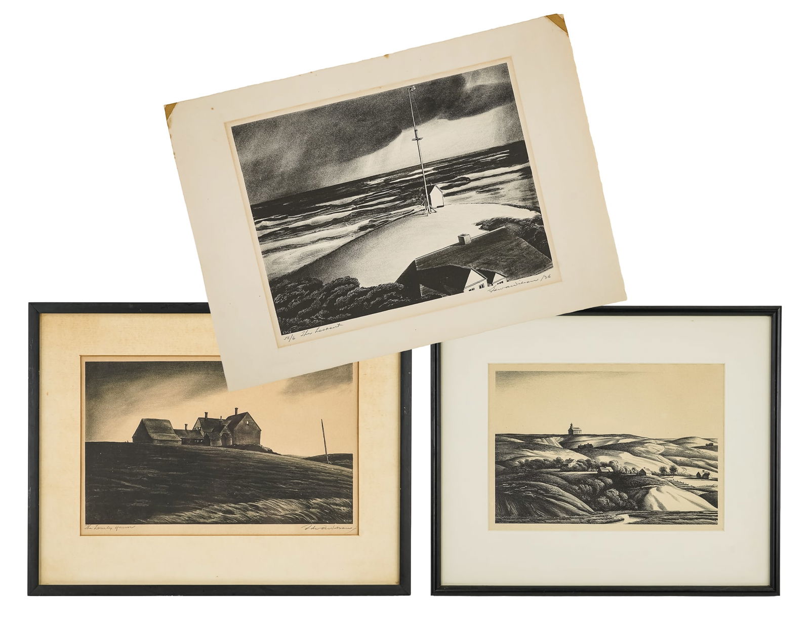 Edward Arthur Wilson (AM 1886-)Three Landscapes: Edward Arthur Wilson (American 1886-1970) Three Landscapes "the Lonely House", "The Lookout", "The Meeting House" each plate 7.5 x 11" In 1909 to study with Howard Pyle in Wilmington, Delaware. He