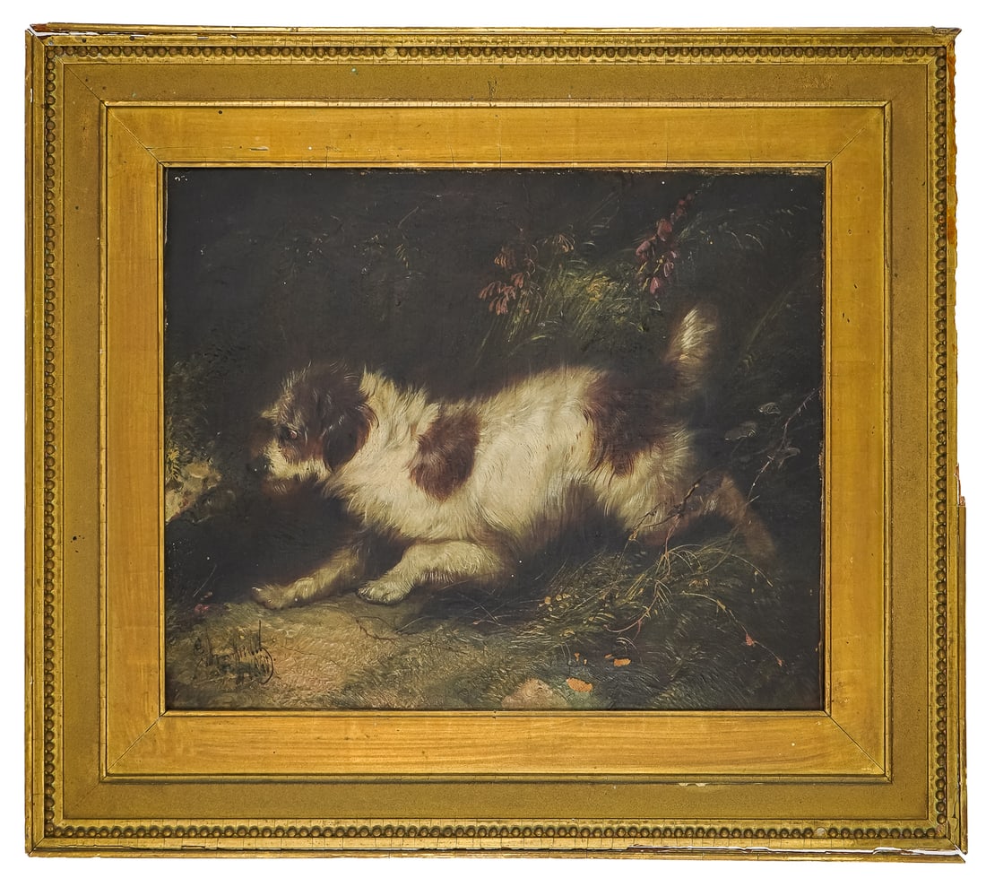 19th c Oil on canvas of a dog: 19th c Oil on canvas of a running terrier signed illegibly lower left- Possibly Glenfield dated 1864- 10 x 12" 14.5 x 16.5" as framed. minor flaking