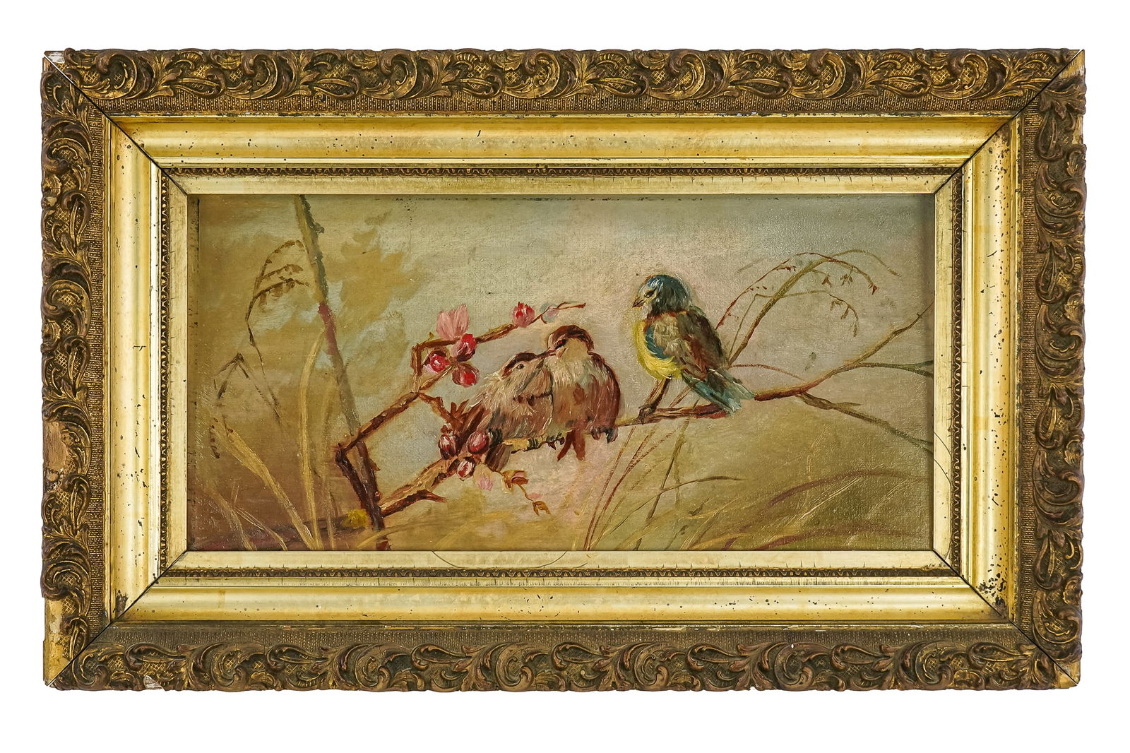 19th c Oil on board of three birds: 19th c oil on board aesthetic movement painting of three birds 7 x 14" 11 x 18" as framed.