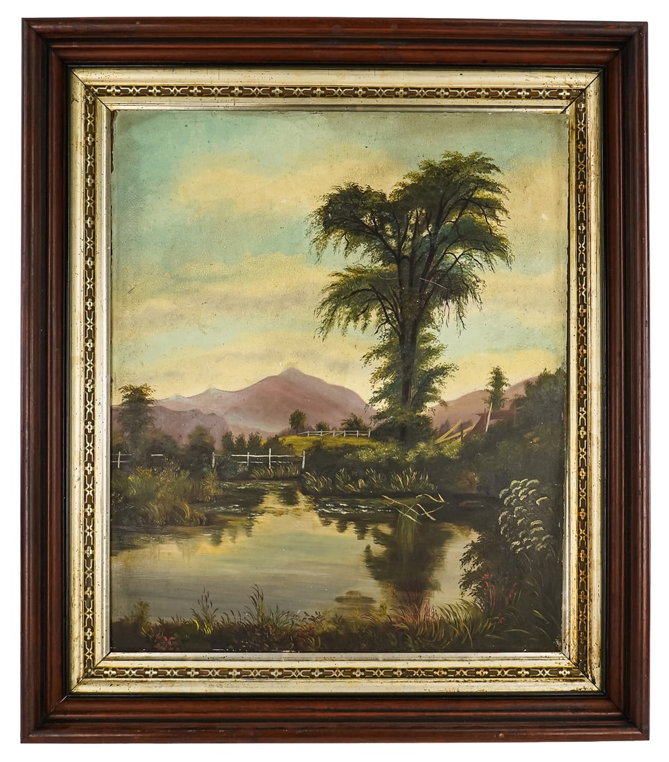19th c Vermont Oil on board Landscape: 19th c oil on board landscape of Camel's Hump - 20 x 17" 25 x 22" as framed.
