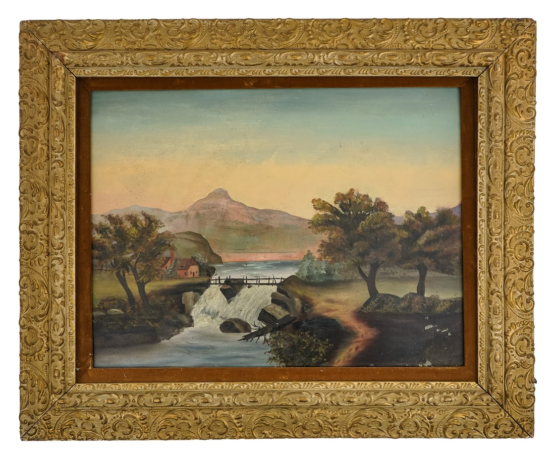 Washington Lafayette Roscoe (VT 19th) Lamoille Falls Fairfax: Washington Lafayette Roscoe (Vermont 19th c ) 20 x 26" 26 x 33" as framed. minor flakes. Image of falls on Lamoile River Farifax, Vermont with Mount Mansfield in background.
