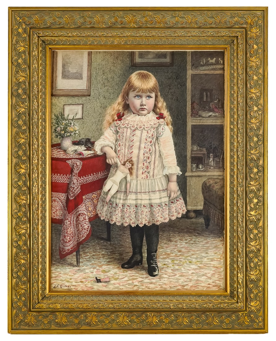 James F. Gilman (VT 1850-1929) The Broken Doll: James Franklin Gilman (Vermont 1850-1929) The Broken Doll watercolor on cardstock signed and dated 1886 lower left. 22 x 16" 29 x 23" Gilman was a well known itinerant artist working from the