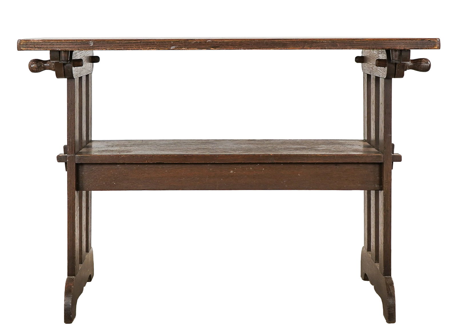 Oak Folding hutch Table.: Oak Arts and Crafts folding hutch table - top 28 x 42" 29 inches when table, 48" tall when bench.