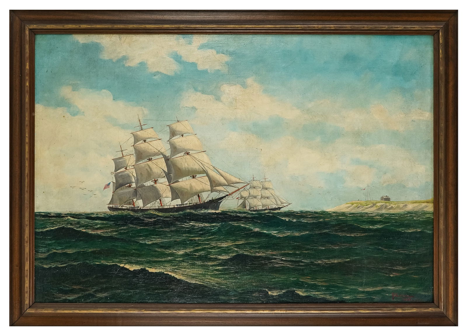 F Corpuz (AM 20th c) Two Cutter Ships coming into port: F Corpuz (American 20th c) Two cutter ships coming into port oil on canvas signed lower right dated 1930- and identified NYC- 24 x 35" 27 x 38" as framed. Corpuz is a somewhat prolific maritime