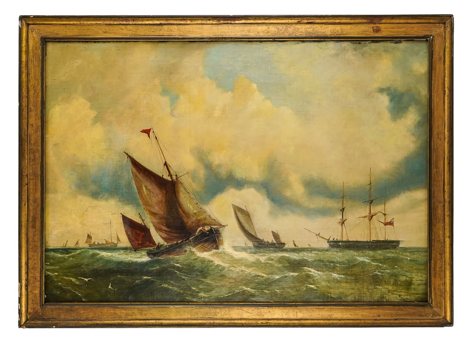 19th c English Nautical scene signed illegibly: 19th c English School Nautical Scene signed Illegibly George Hull or George Faill- Tagged on back George (Illeg) East Chester Aug.3 1856?