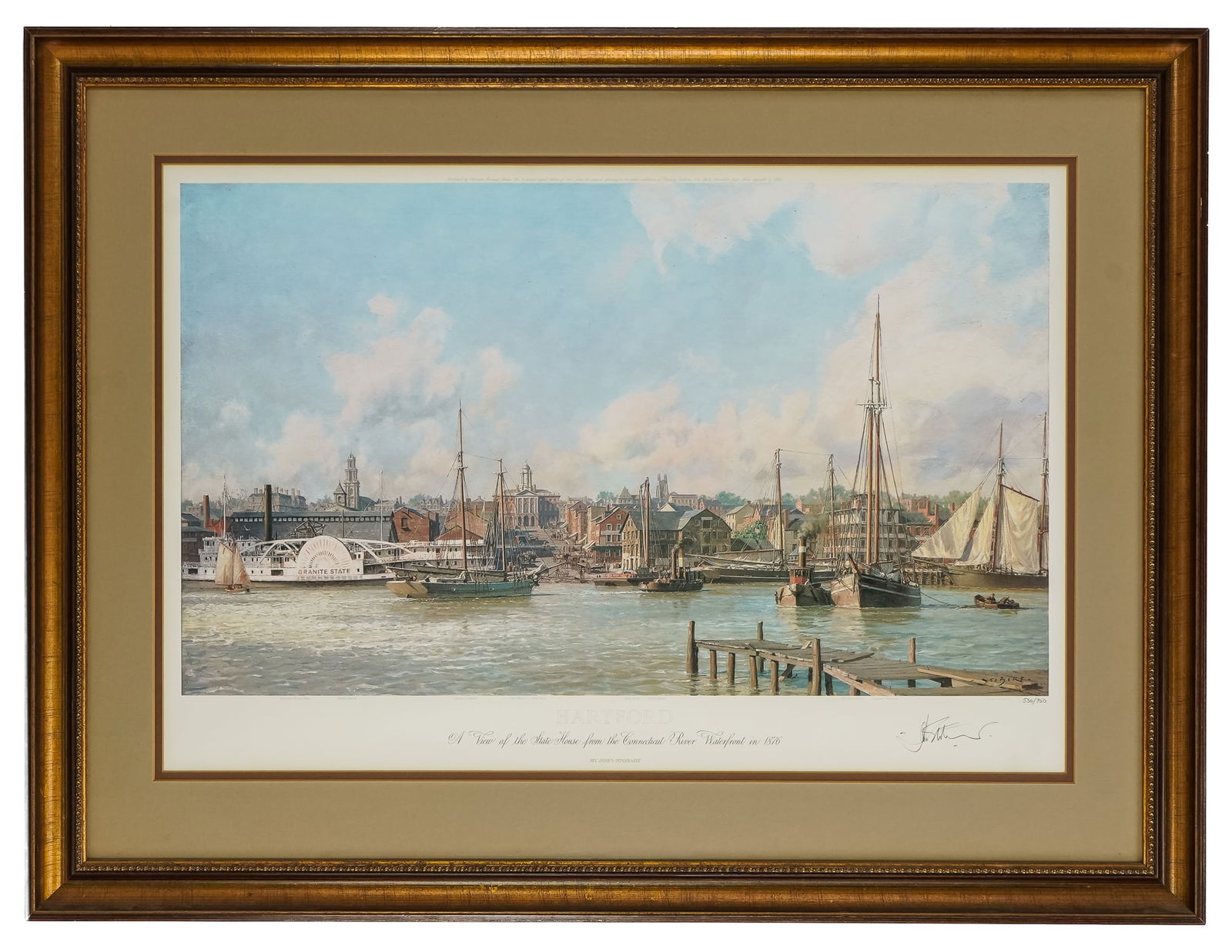 John Stobart (EN 1929-) Hartford 1876: John Stobart (English/American 1929-2023 ) Hartford 1876- A view of the Statehouse from Connecticut River Waterfront. offset lithograph signed lower margin editioned 536/750 plate 18 x 30" 31 x 41"