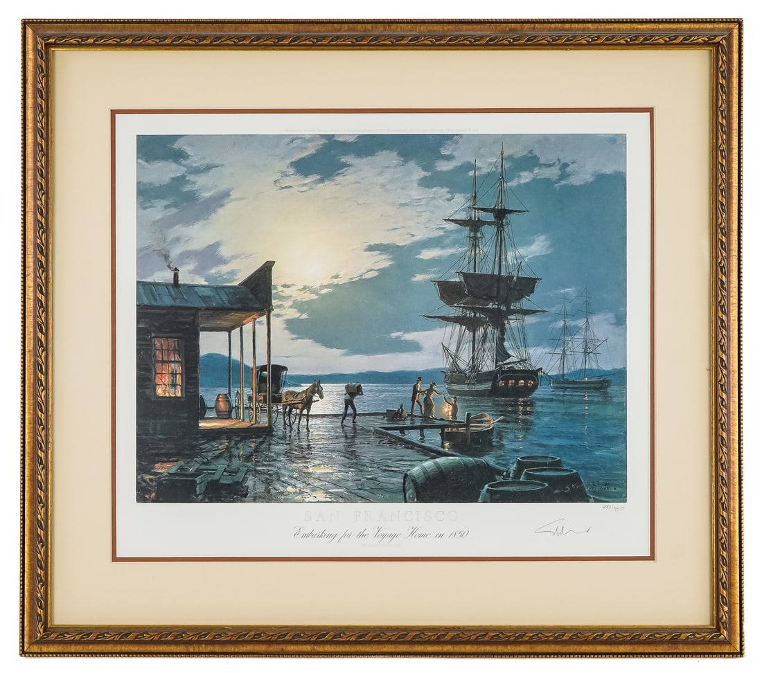 John Stobart (EN/Am 1929-) San Francisco 1850: John Stobart (English/American 1929-2023 ) San Francisco 1850 - Embarking for the Voyage Home 1850 12 x 16" 21 x 24" offset litho signed and editioned 499/950. America’s greatest living marine