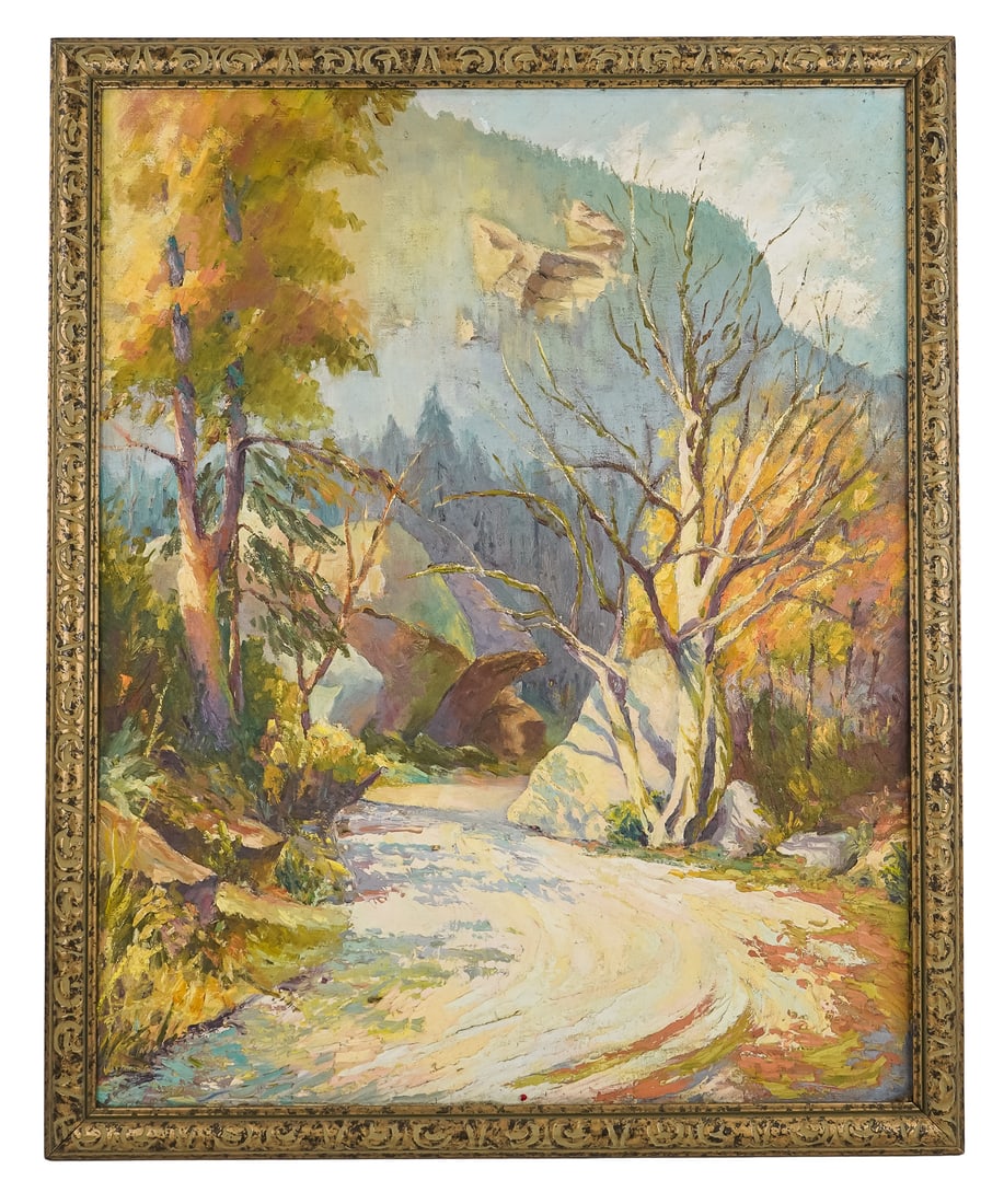 Mitzi Goward (VT 1930-2017) Smugglers Notch VT: Mitzi Goward (Vermont 1930-2017) Smuggler's Notch oil on canvas, identified rear stretcher- 30 x 24" 33 x 27" as framed. Goward was a resident of Panton Vermont, and is known for her expressive