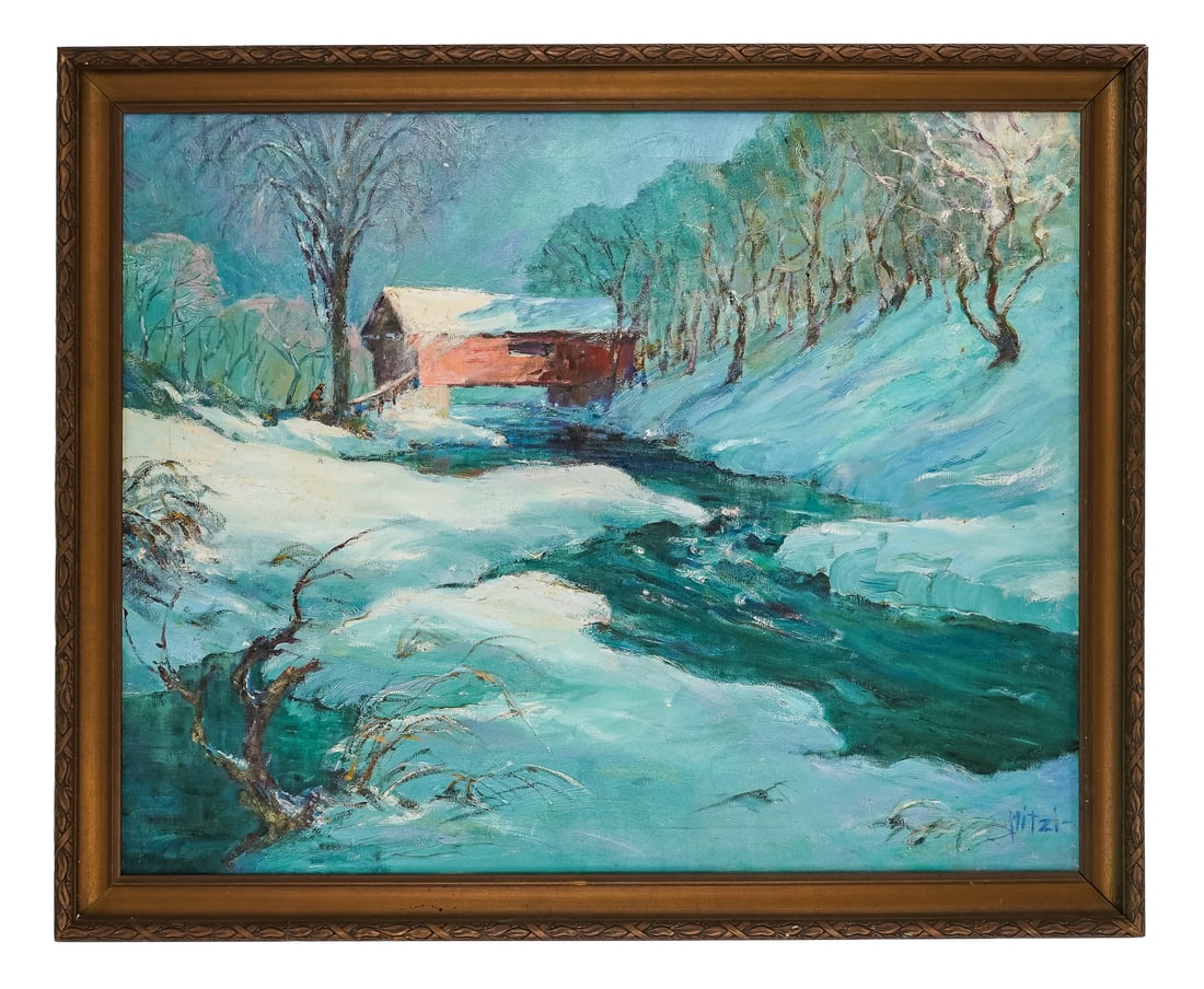Mitzi Goward (VT 1930-2017) First Snow Warren VT: Mitzi Goward (Vermont 1930-2017) First Snow, Warren Vermont- oil on canvas, identified rear stretcher dated 1968 - 24 x 30" 28 x 34" as framed. Goward was a resident of Panton Vermont, and is known