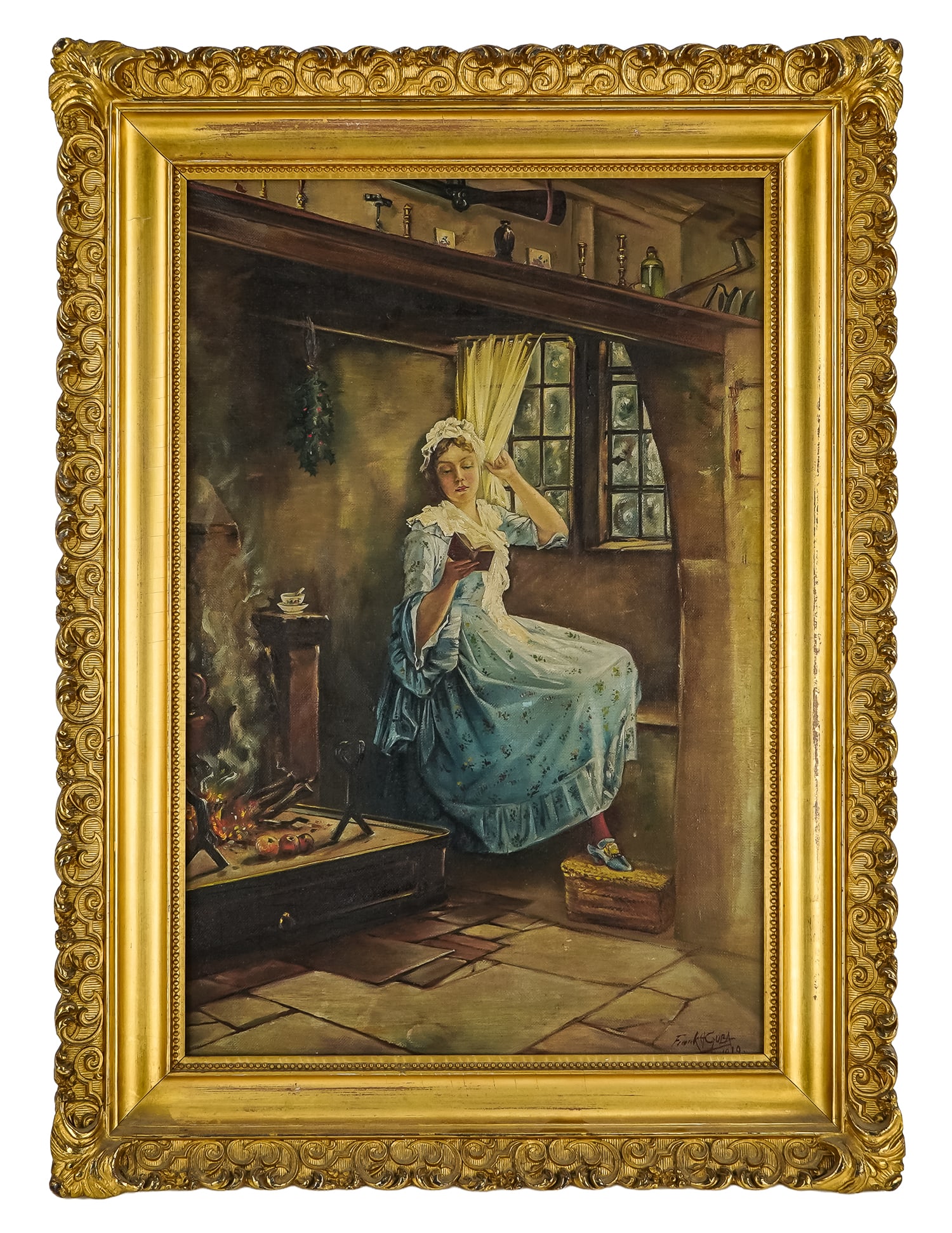 Frank Adolph Guba (AM 1867-1938) The Novel: Frank Adolph Guba (American 1867-1938) The Novel oil on canvas signed lower left- 18 x 12" 23 x 17" as framed.