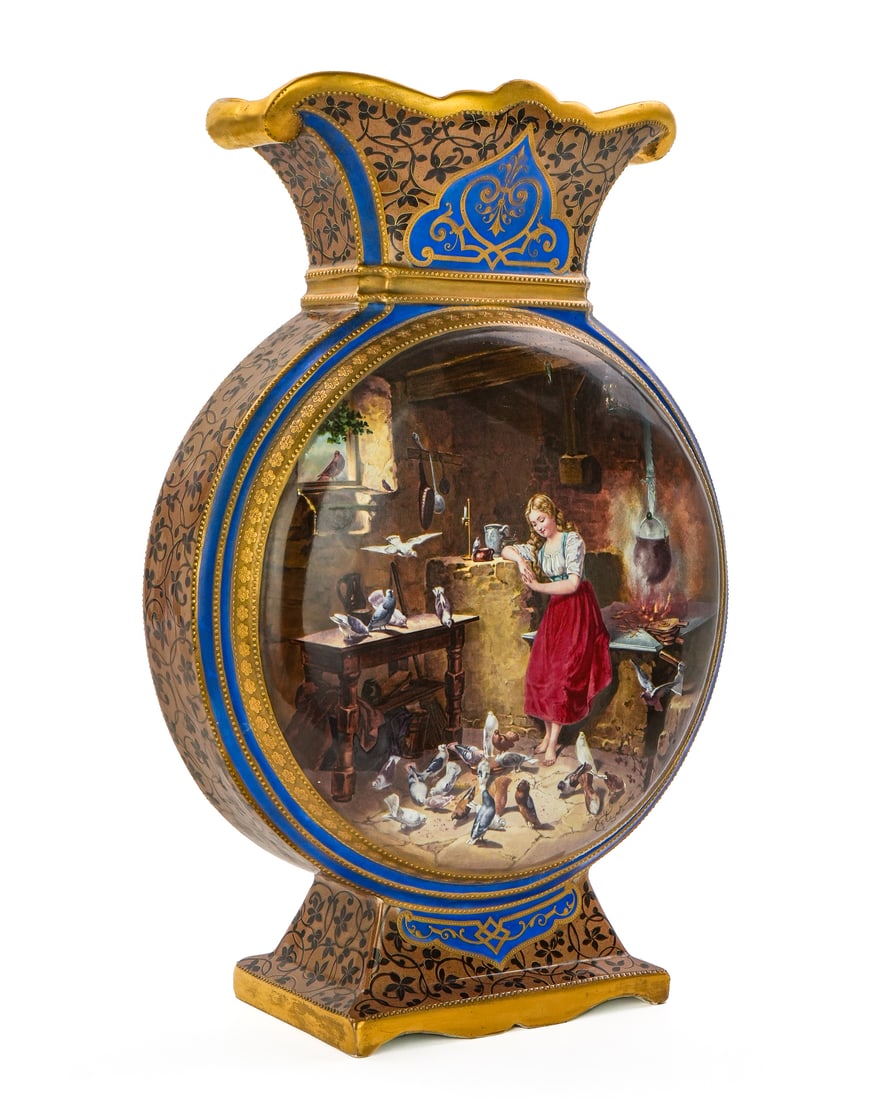 St. Denis Porcelain Canteen Form Scenic Vase: Fine late 19th c. Victorian Aesthetic Movement St. Denis French porcelain canteen form mantel vase having hand painted scenic panel of young maiden feeding birds in a provincial kitchen beside an