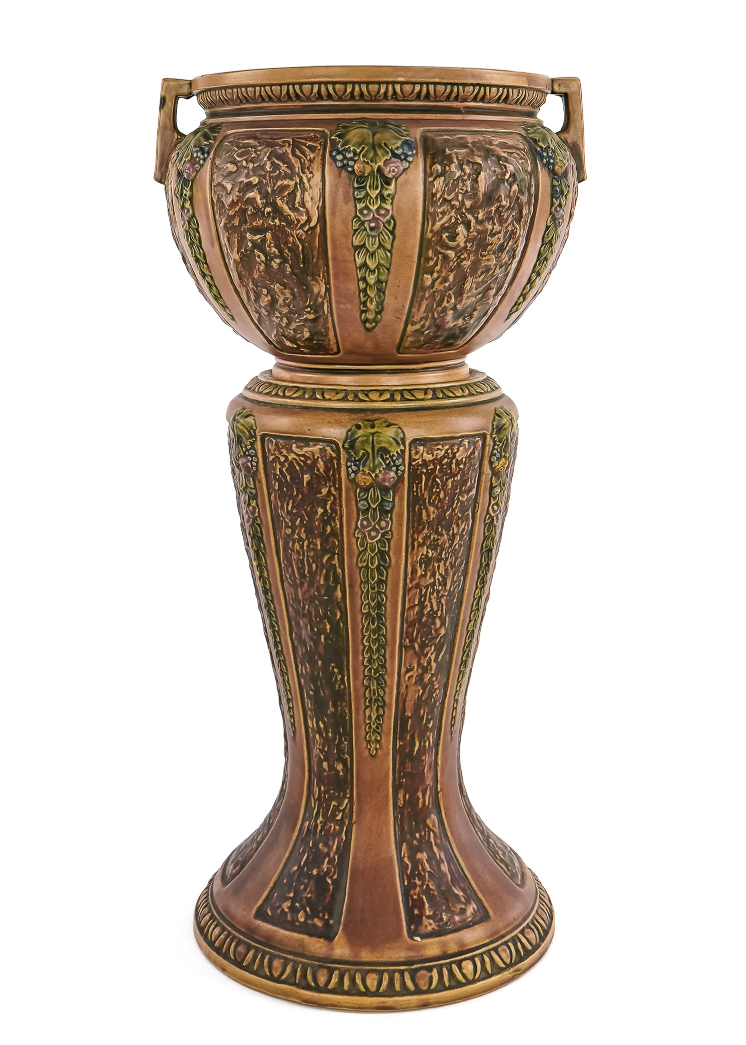 Roseville Florentine Pottery Jardiniere on Stand: ca. 1920 Roseville "Florentine" pattern art pottery jardiniere planter on pedestal base, with embossed neoclassical fruit and foliate swag decoration and egg and dart molded rim. Repaired flake to