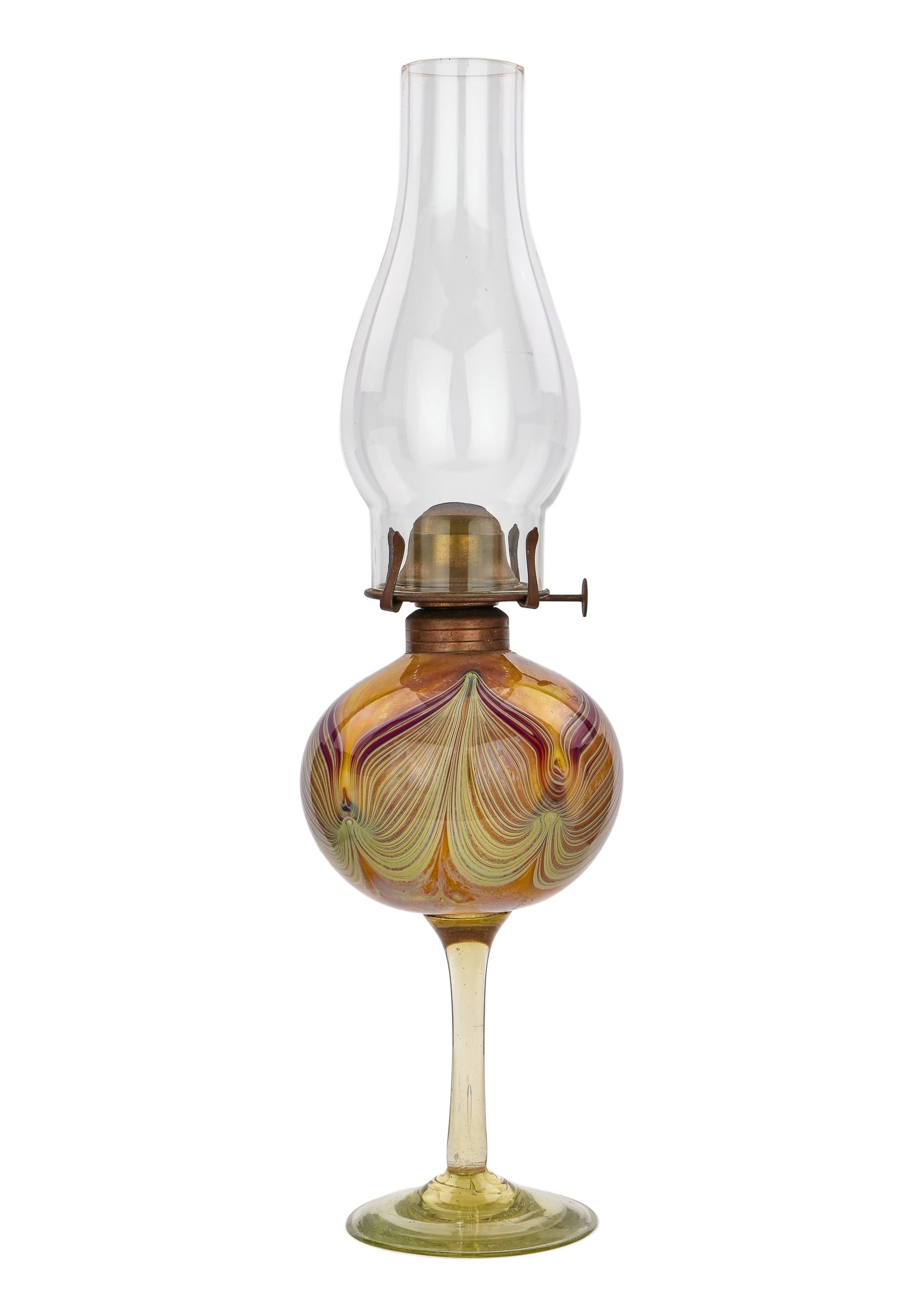 Joseph Clearman Blown Art Glass Oil Lamp: Contemporary Joseph Clearman (1946- ) Swallowtail Studio Port Gamble, WA contemporary artisan made blown glass oil lamp with stemmed base supporting font with multicolored pulled feather motif.