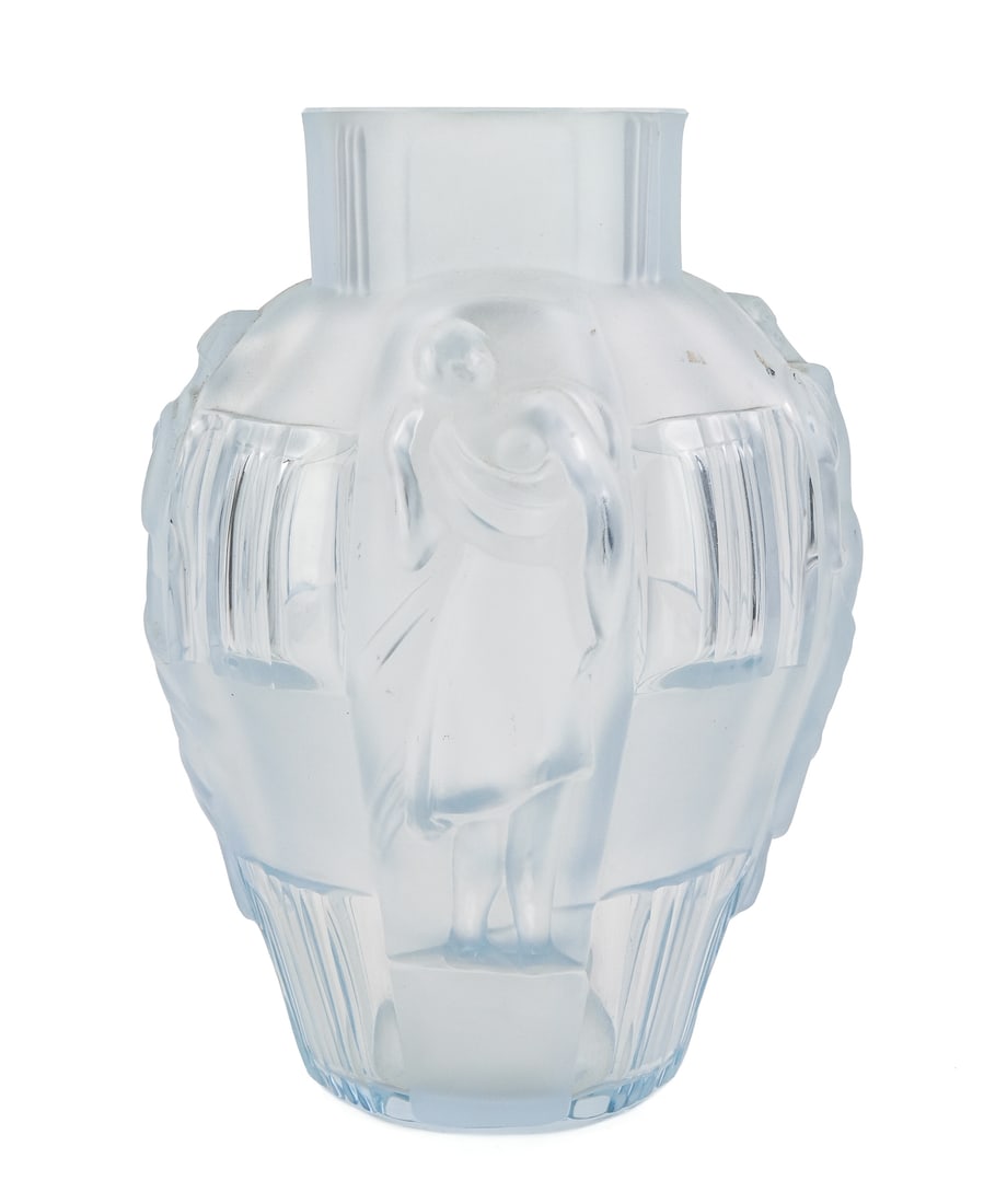 Desna Czech Frosted Art Deco Figural Lamp: Desna Czech frosted Art Deco style crystal bouquet vase having four frosted female semi-nude figures. Acid etched signature on base 7" x 10"