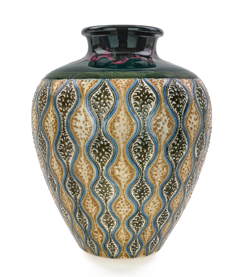 Contemporary Slip Decorated Art Pottery Vase: Contemporary art pottery vase with applied slip decoration in a stylized wave motif, possibly of Japanese origin, dark green and mottled black and magenta rim, high-fired pottery, overall good
