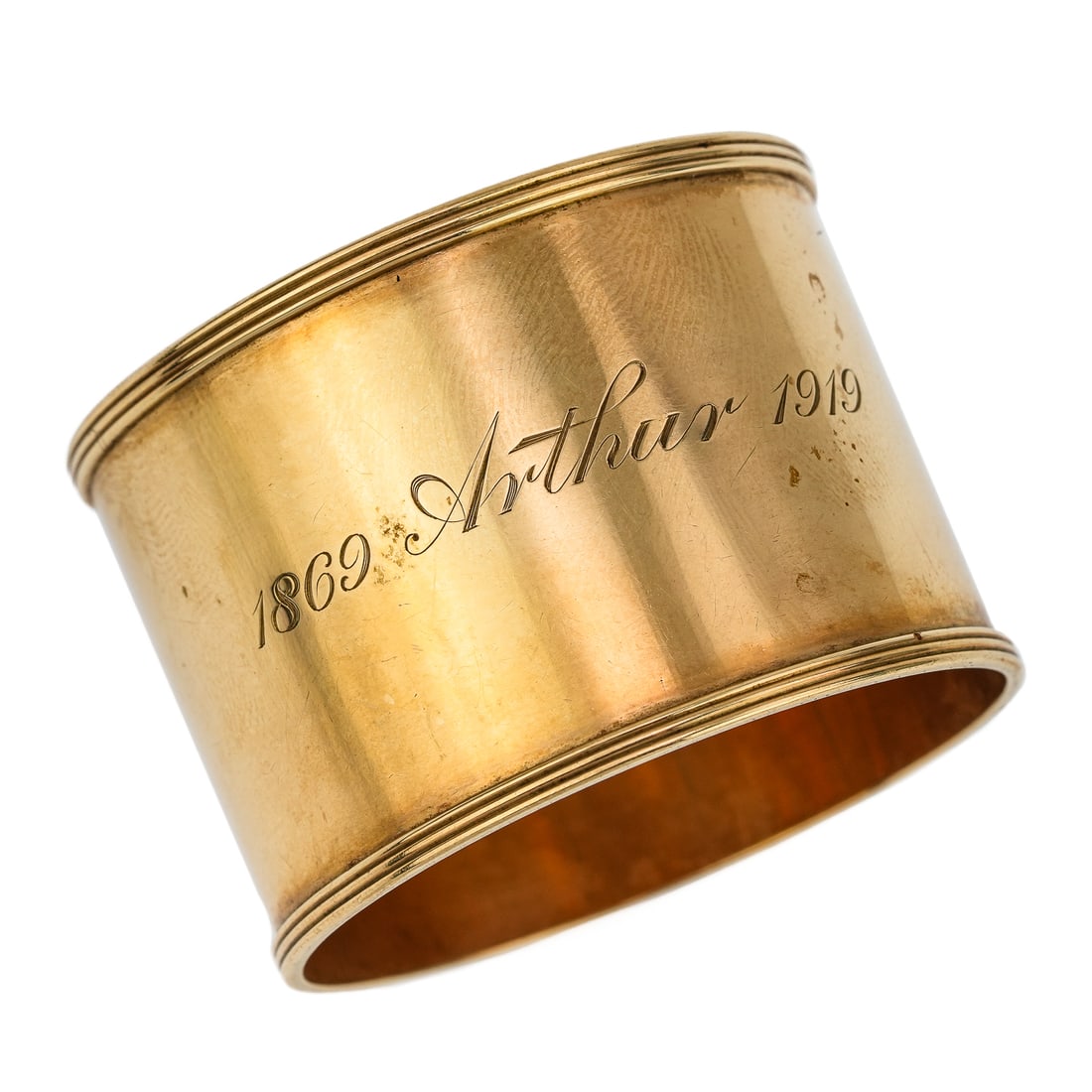 14k Yellow Gold Napkin Ring: 14k yellow gold napkin ring engraved 1869 Arthur 1919. 1 5/8 wide, 1 7/8 diameter. 28.17 grams t.w.