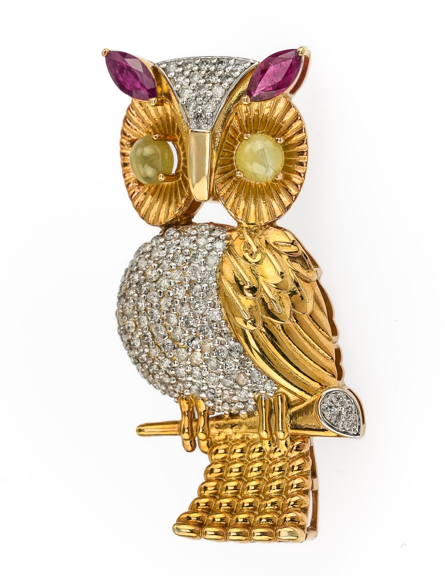 Diamond, Ruby, & Catseye Owl Brooch - 2