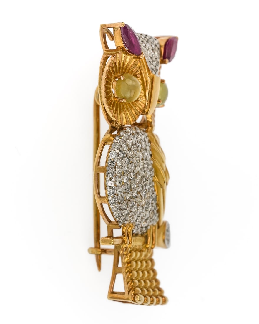 Diamond, Ruby, & Catseye Owl Brooch - 4