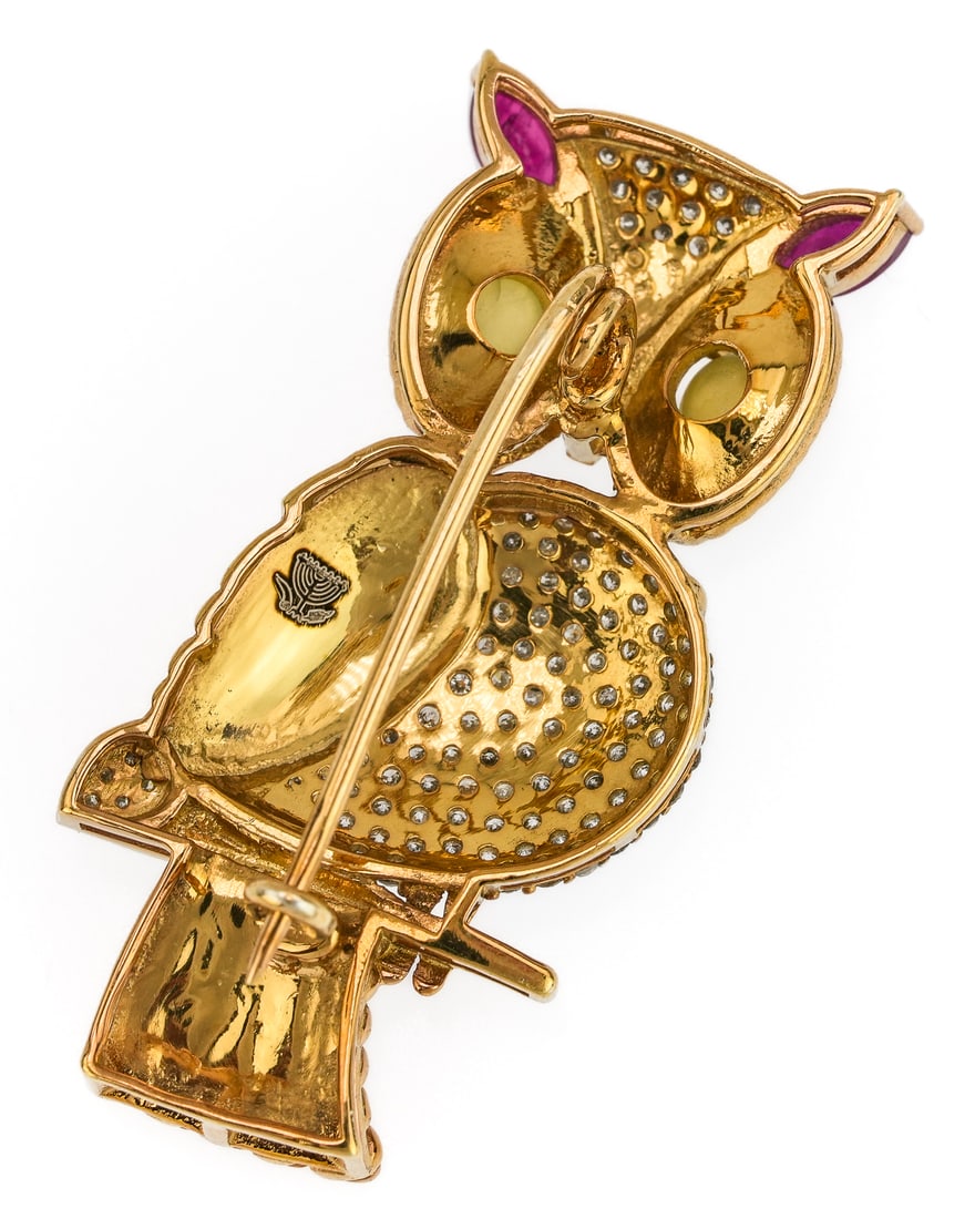 Diamond, Ruby, & Catseye Owl Brooch - 5