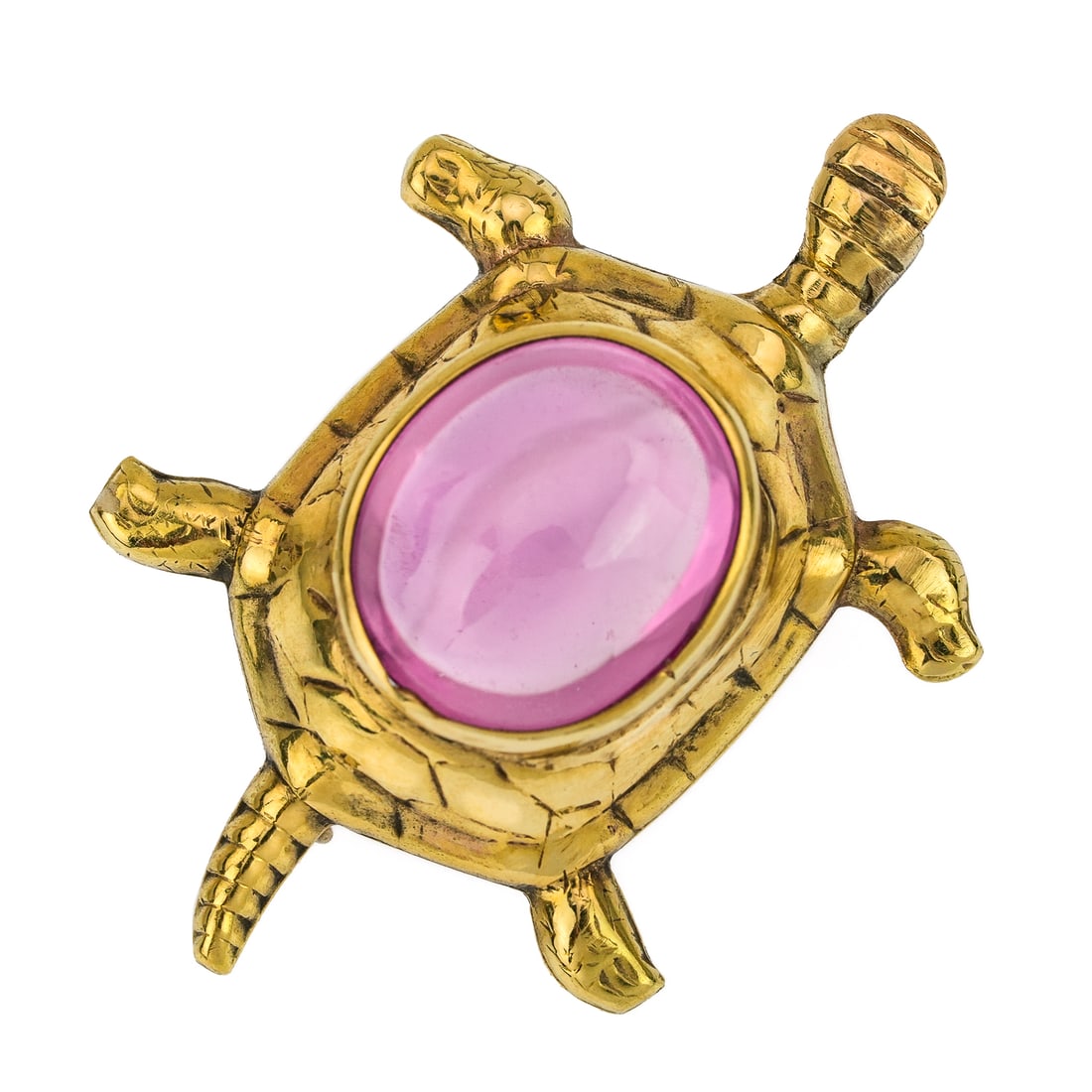 Yellow Gold & Topaz Turtle Brooch: 14k yellow gold brooch pin in the form of a turtle, having a cabochon pink topaz bezel set back. 1 1/2" long. 5 grams t.w.
