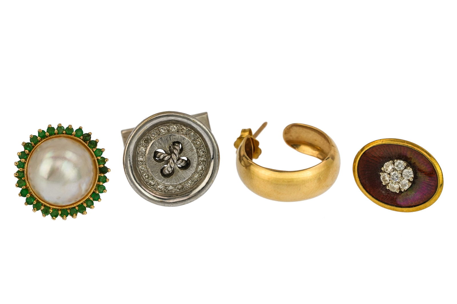 4 Gold Earrings / Cufflink: A group of gold 3 single earrings and one cufflink, single pieces from pairs. Including a 14k white gold cufflink with channel set diamonds. An oval 18k yellow gold earring with 7 .04 ct diamonds and