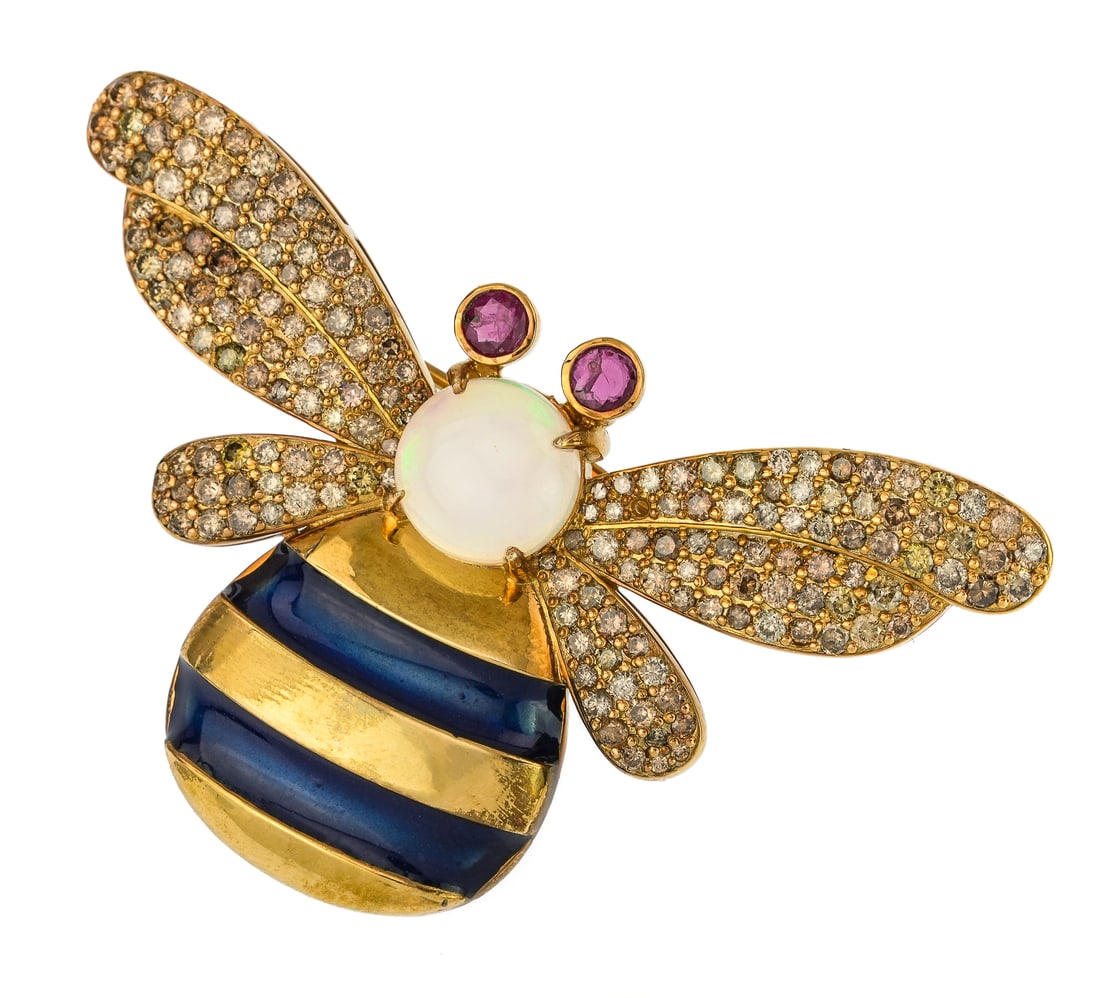Gold, Opal, Diamond, & Ruby Bee Brooch: 14k yellow gold bee shaped brooch pin having a cabochon 11 mm diameter opal, two ruby round cut 3.5 mm diameter eyes, blue enamel body, and 3 pr of wings covered in small champagne diamonds. 3 1/2"