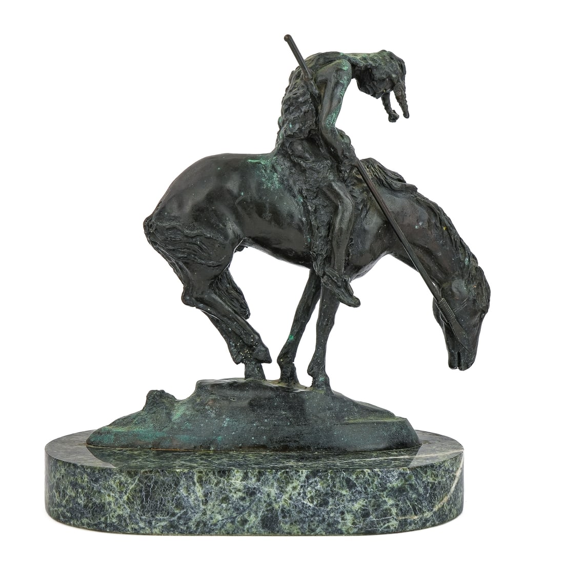 James E Fraser End of the Trail: After James Earle Fraser (1876-1953) "End of the Trail" patinated bronze sculpture, signed, length 8 1/2", ht 8 1/2", mounted on marble base,