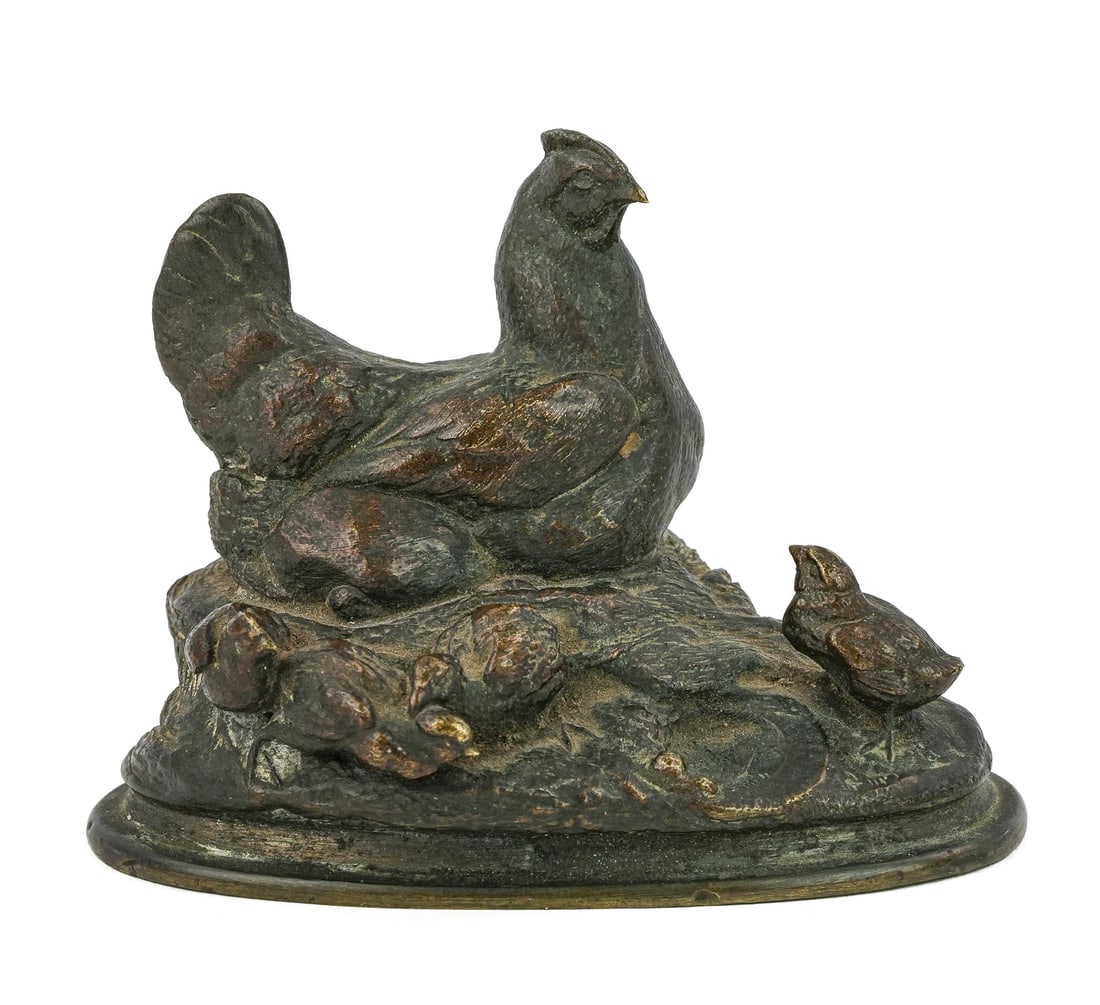 Auguste Cain Hen & Chicks: After Auguste Nicholas Cain (1822-1894) Hen & Chicks patinated bronze sculpture, signed, length 3 1/8"