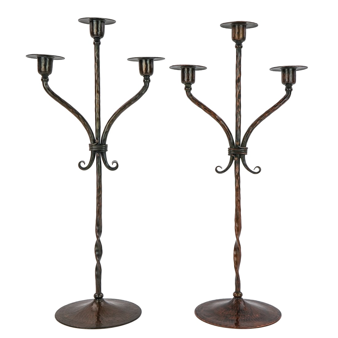 Roycroft Tall Twisted Three Socket Candlesticks: Ca 1920 pair of Roycroft Arts & Crafts tall twisted 3 socket candlesticks, East Aurora, NY, hand hammered copper, Roycroft orb, Aurora finish, hts 20 1/2"