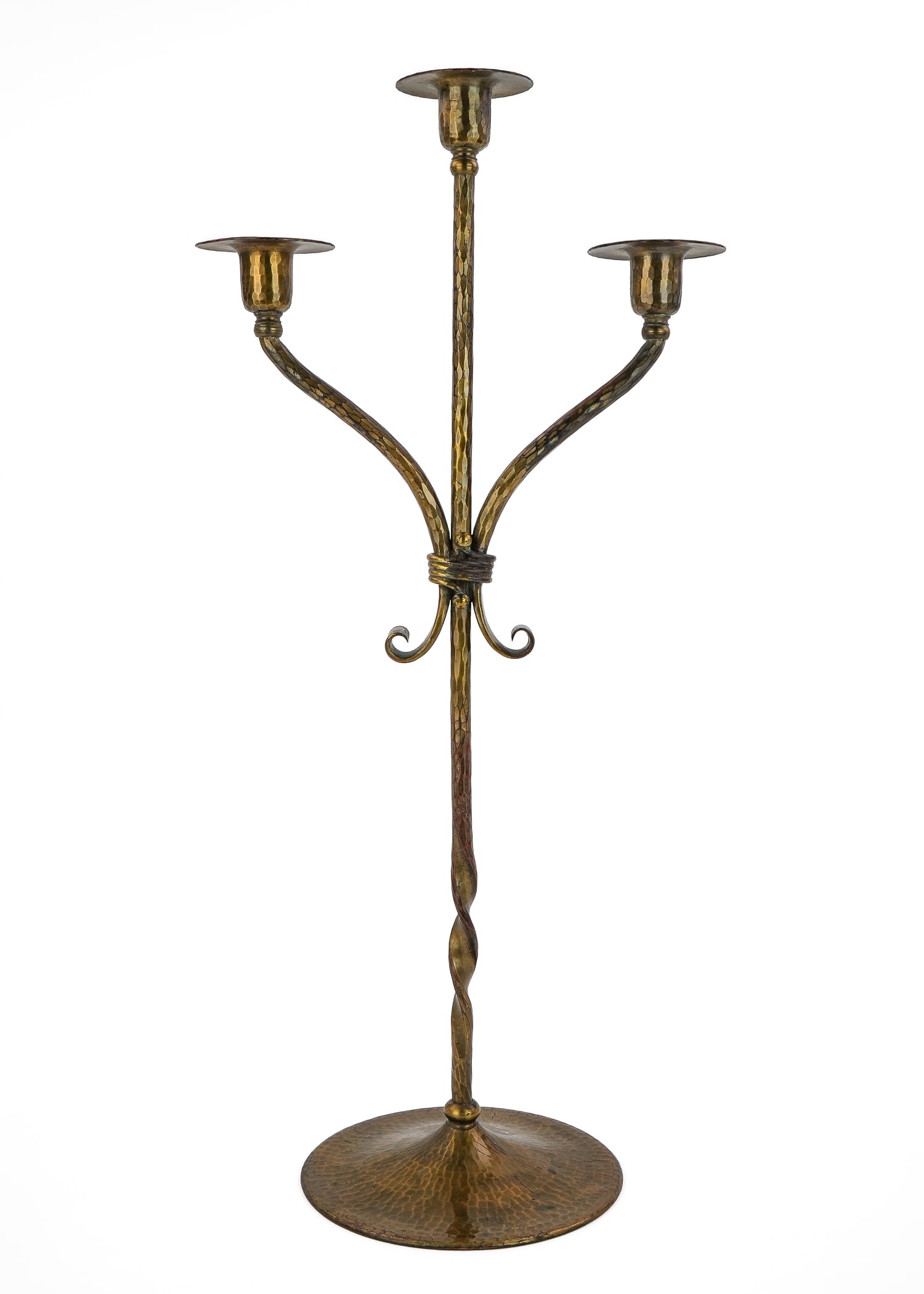 Roycroft Tall Twisted Three Socket Candlestick: Ca 1920 Roycroft Arts & Crafts tall twisted 3 socket candlestick, East Aurora, NY, hand hammered copper, Roycroft orb, Aurora finish, ht 20 1/2"