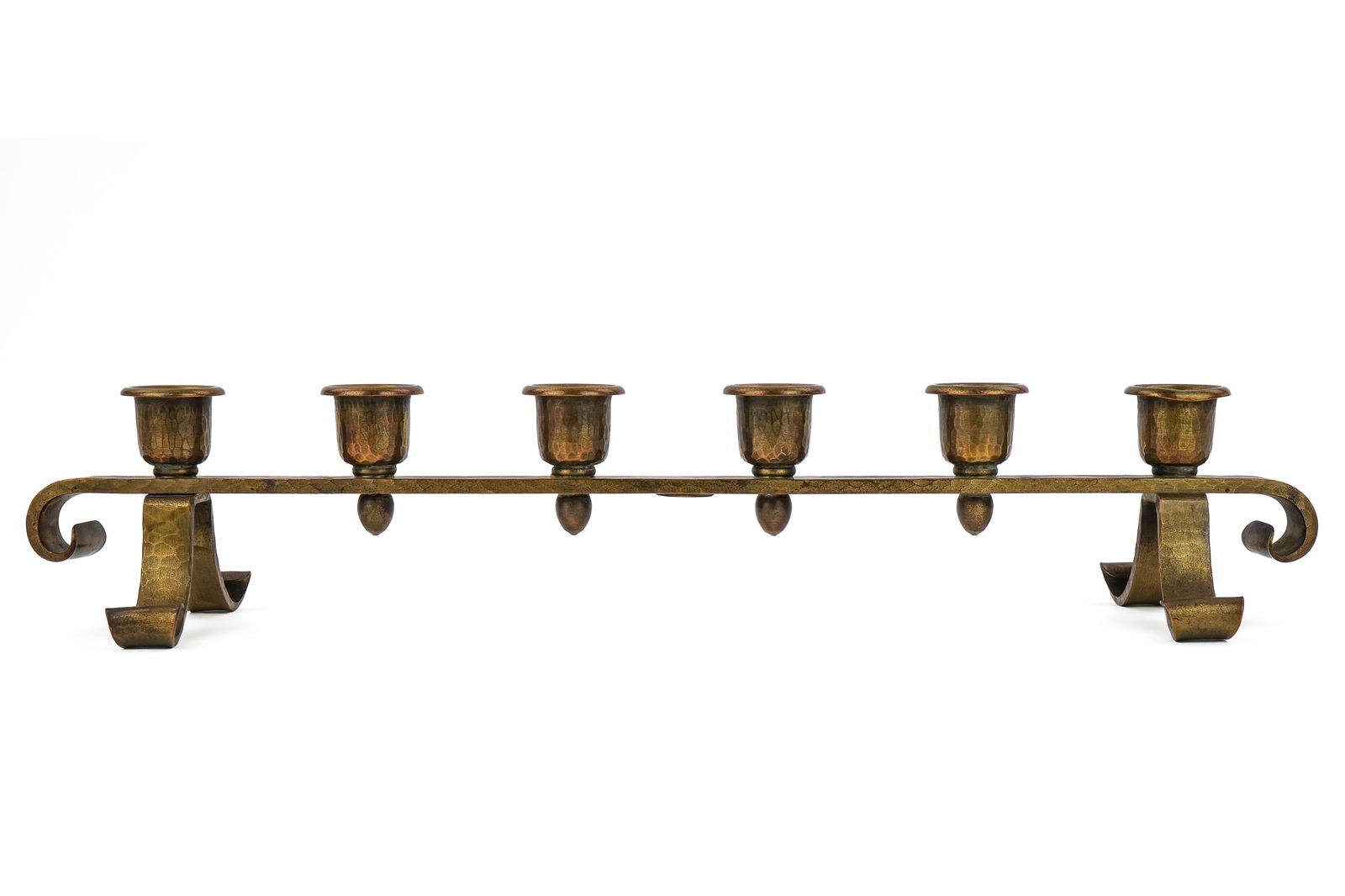 Roycroft Straight 6 Low Candelabra: Ca 1920 Roycroft "straight six" low candelabra, East Aurora, NY, hand hammered, mid Roycroft orb, brass finish, length 16"