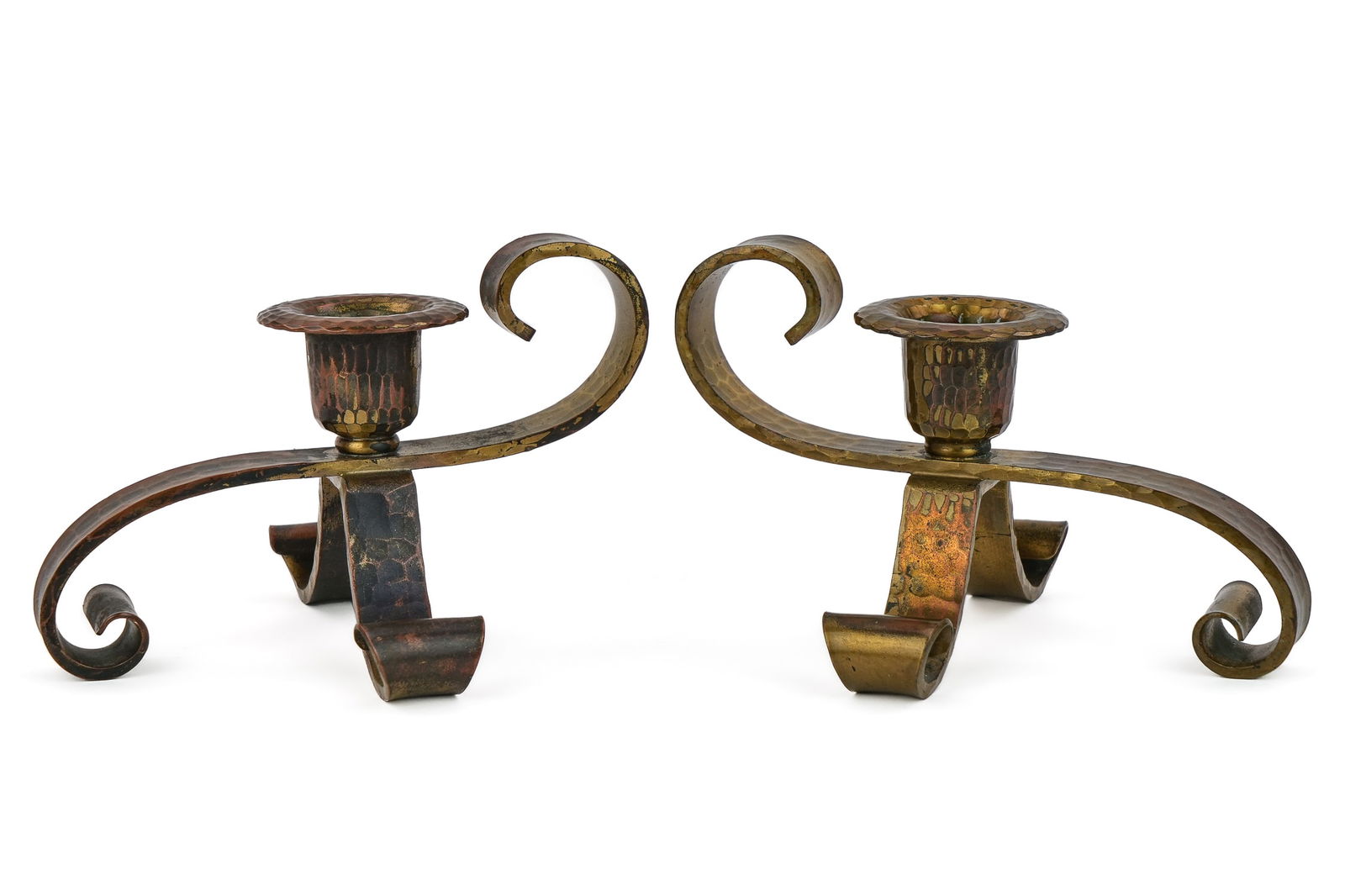 Roycroft Straight Single Candlesticks: Pair of Roycroft "straight single" low candlesticks, East Aurora, NY, hand hammered, mid Roycroft orb, brass finish, lengths 5 1/2"