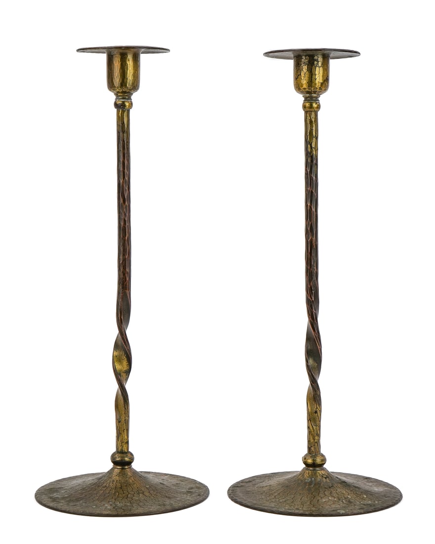 Roycroft Tall Twist Candlesticks: Pair of Roycroft tall twist candlesticks, East Aurora, NY, hand hammered, mid Roycroft orb, brass finish, hts 12 1/2"