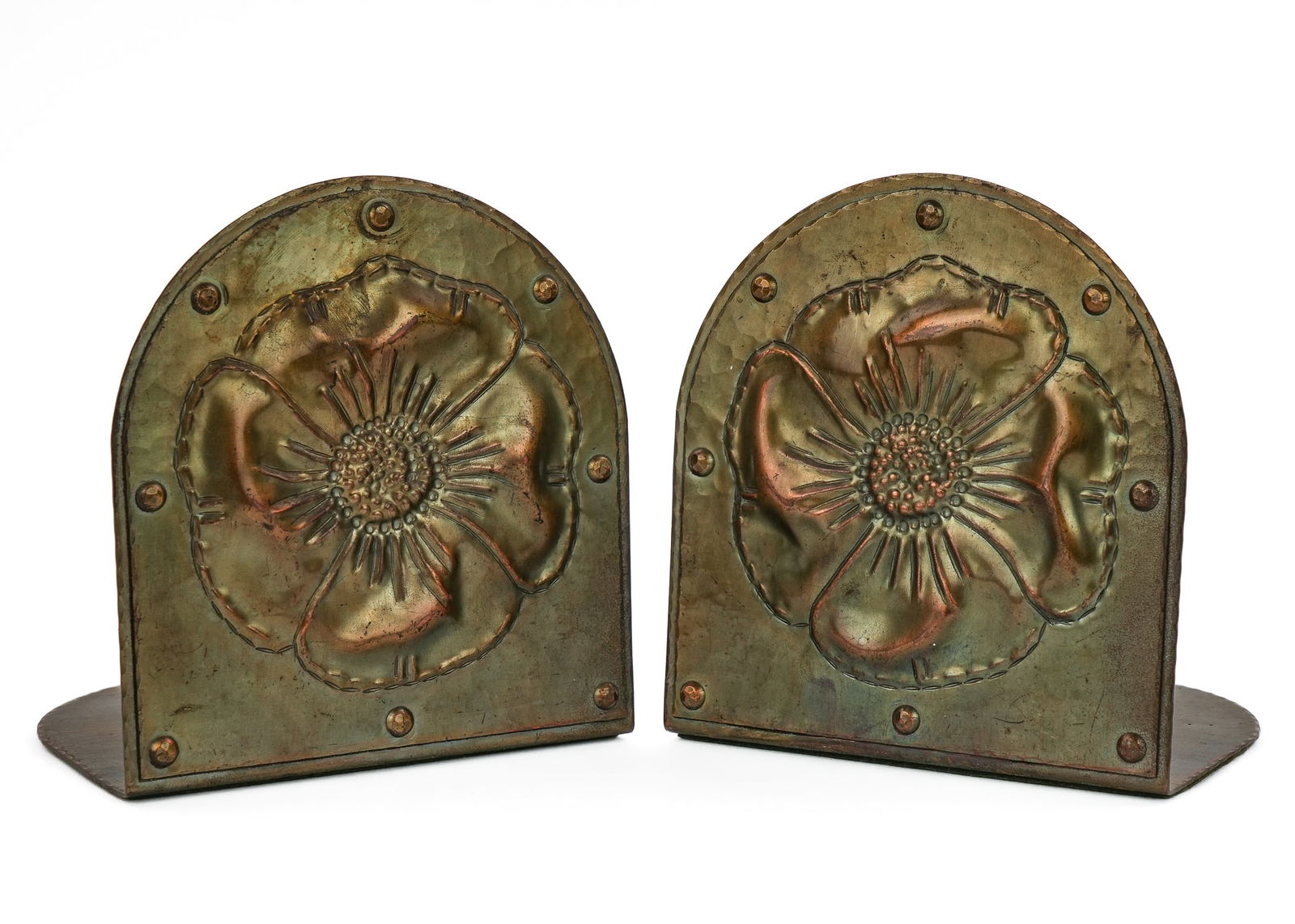 Roycroft "Poppy" Bookends: Pair of Victor Toothaker for Roycroft Arts & Crafts "Poppy" bookends, Model 305, East Aurora, NY, hand hammered, early Roycroft orb, brass polychrome finish, hts 5 1/2"