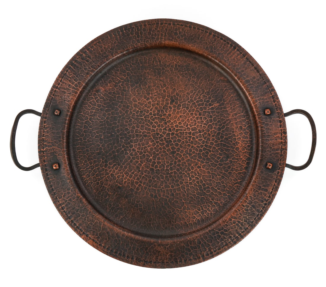 Roycroft Two Handle Tray: Roycroft Arts & Crafts two handle tray, East Aurora, NY, hand hammered copper, mid Roycroft orb, Aurora finish, diameter 15 1/2", few small dents