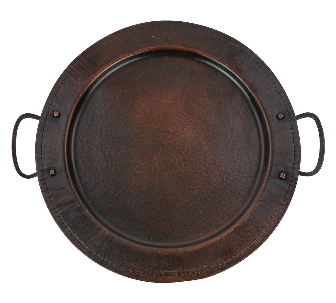 Roycroft Two Handle Tray: Roycroft Arts & Crafts two handle tray, East Aurora, NY, hand hammered copper, early Roycroft orb, Aurora finish, diameter 15 1/2"