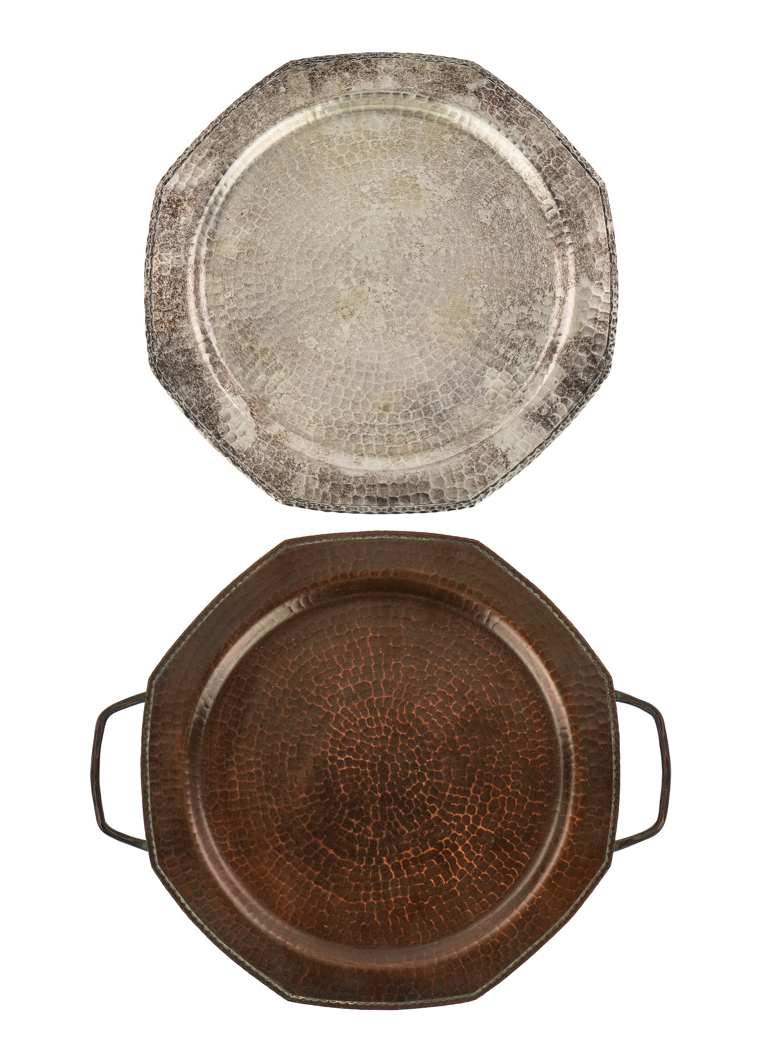 Roycroft Hexagonal Trays: Two Roycroft hexagonal bowls- East Aurora. NY, hand hammered copper, double handle Aurora brown finish diameter 10" light scratches, signs of wear