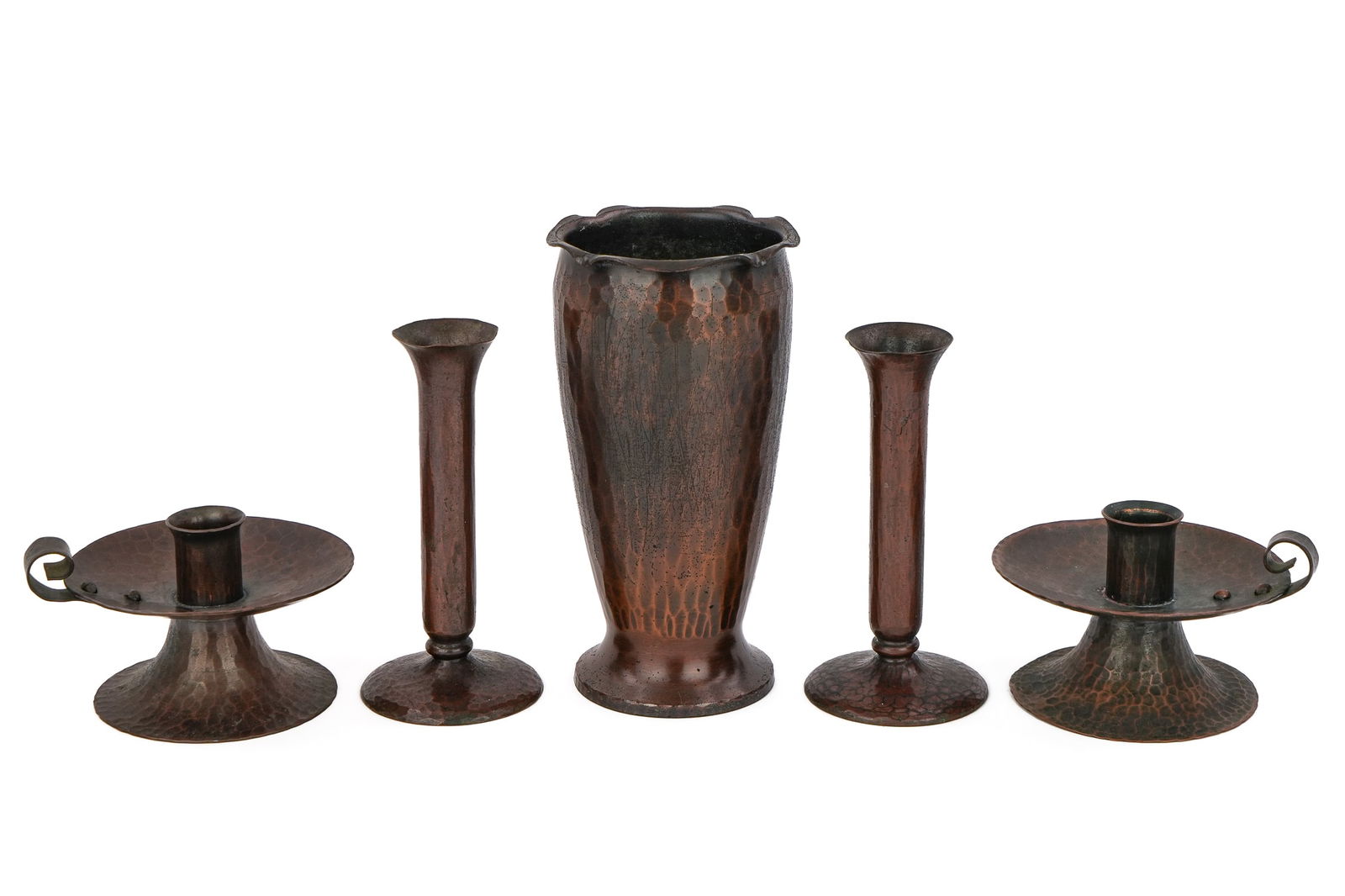 Roycroft Vases, Candlesticks: Five Roycroft vases, candlesticks (5 pcs), including fluted vase, two bud vases, two low chambersticks, East Aurora, NY hand hammered copper, mid Roycroft orbs, Aurora finishes, hts 4 1/2", 4 1/2", 2