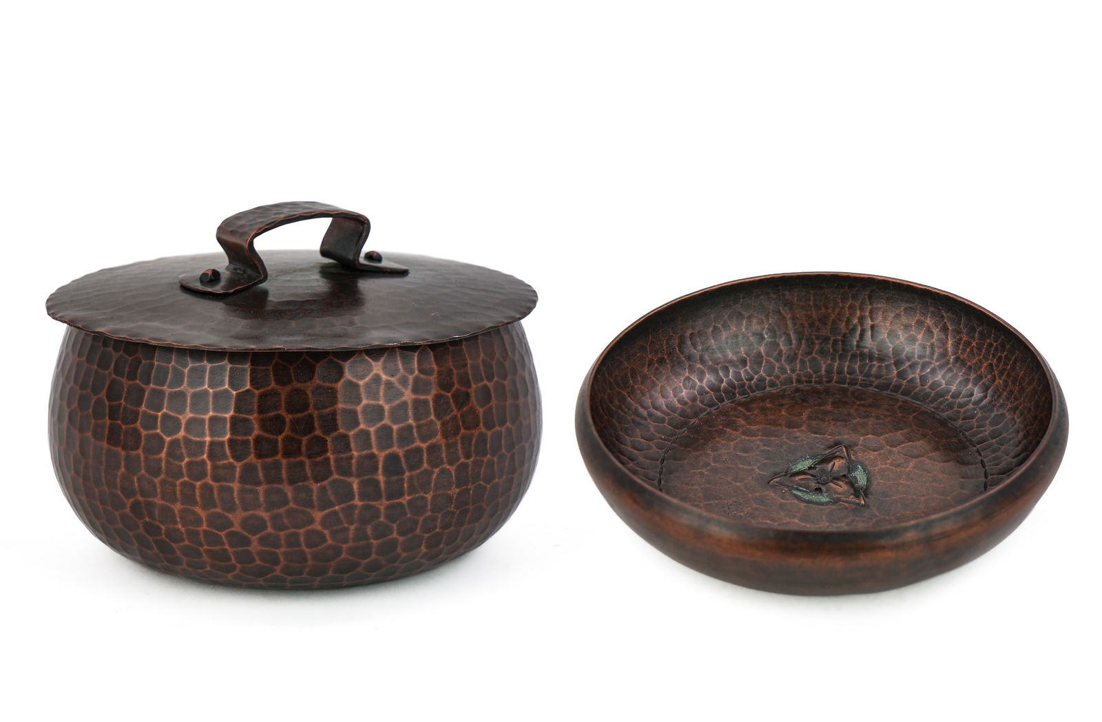 Roycroft Humidor, Trefoil Bowl: Roycroft humidor with lid, trefoil bowl (2 pcs), East Aurora, NY, hand hammered copper, Aurora brown finish, humidor early orb, bowl late orb, humidor diameter 5", ht 2 1/2", bowl dia 5", ht 1 1/4"