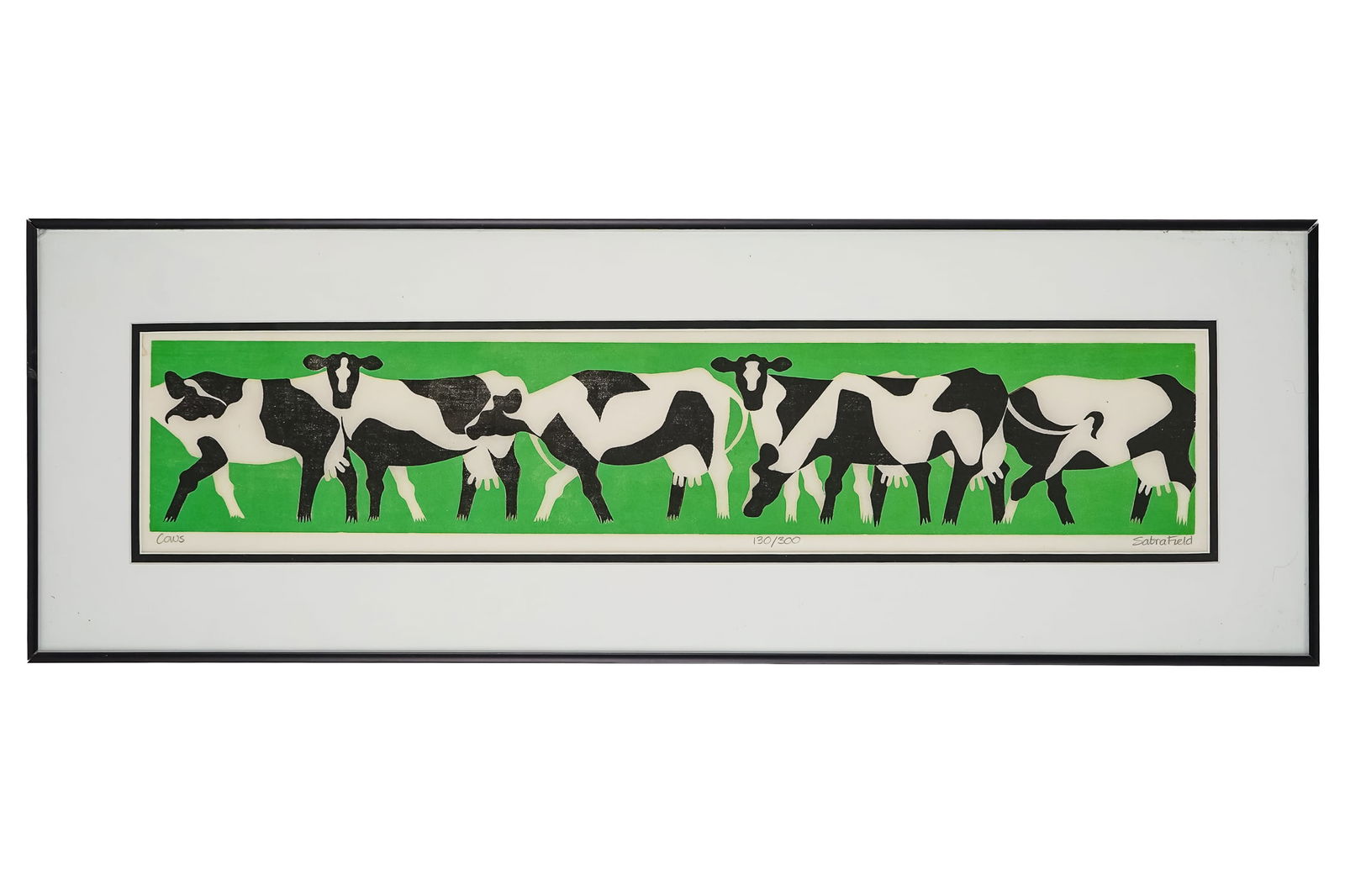 Sabra Field (VT 1935-) Cows: Sabra Field (Vermont 1935-) Cows woodblock on paper signed and editioned lower margin 130/300 plate- 5 x 27" 11.5 x 33" as framed . Field is one of Vermont's most recognized artists, with works
