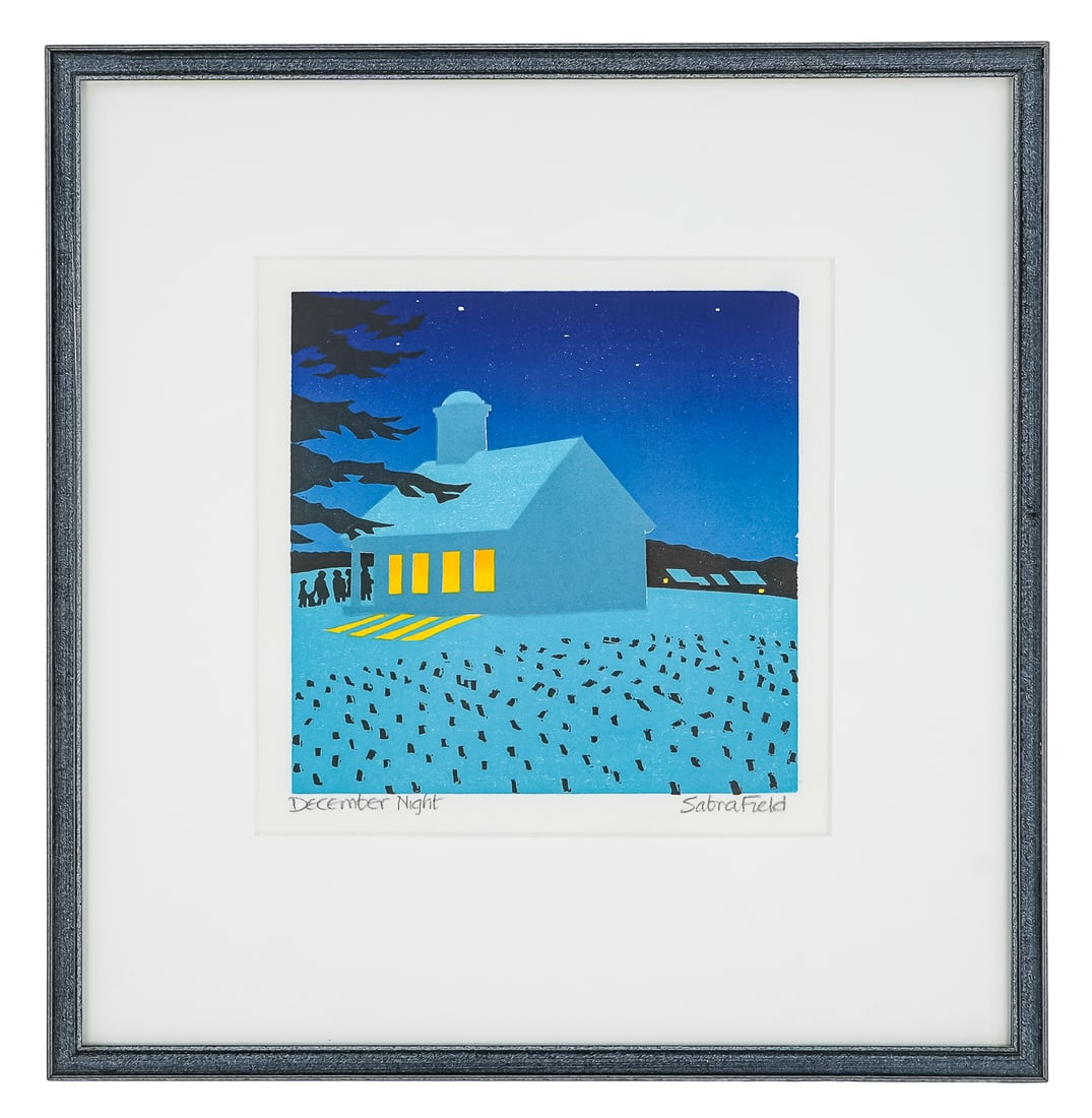 Sabra Field (VT 1935-) December Night: Sabra Field (Vermont 1935-) December Night - woodblock on paper signed lower margin, plate 7 x 7" 14 x 14" as framed. Field is one of Vermont's most recognized artists, with works spanning the