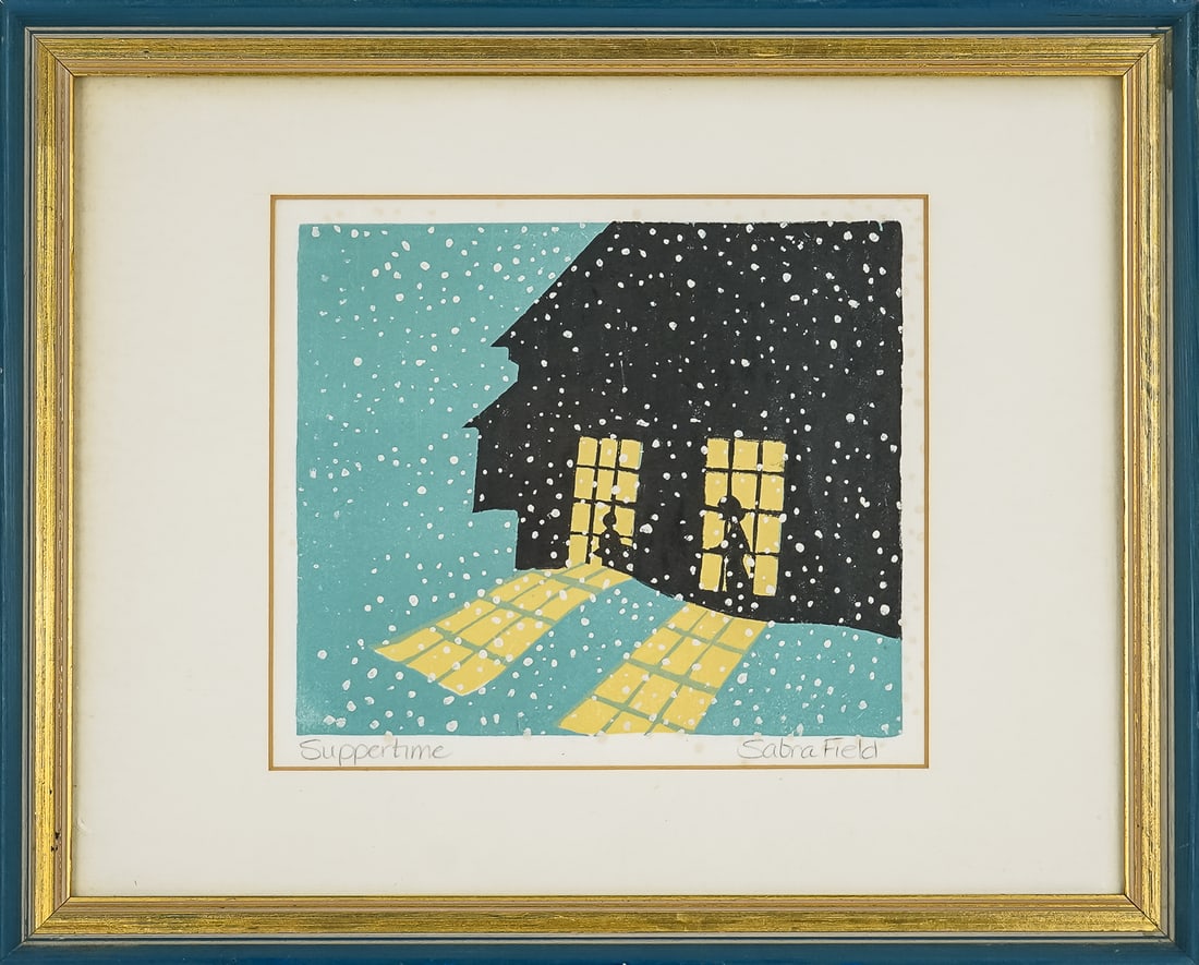 Sabra Field (VT 1935-) Suppertime: Sabra Field (Vermont 1935-) Suppertime woodblock on paper signed lower margin- plate 6.5 x 8" 12.5 x 15.5" as framed. Field is one of Vermont's most recognized artists, with works spanning the
