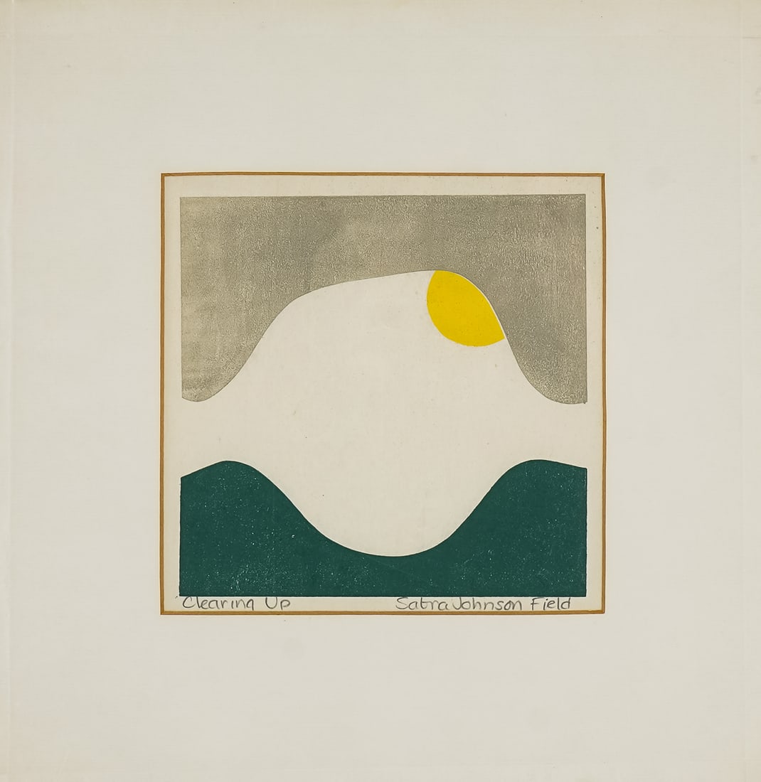 Sabra Field (VT 1935-) Clearing Up: Sabra Field (Vermont 1935-) Clearing Up woodblock on paper signed in lower as Sabra Johns Field - plate 6.5 x 6.5" 13 x 13" - Field is one of Vermont's most recognized artists, with works spanning