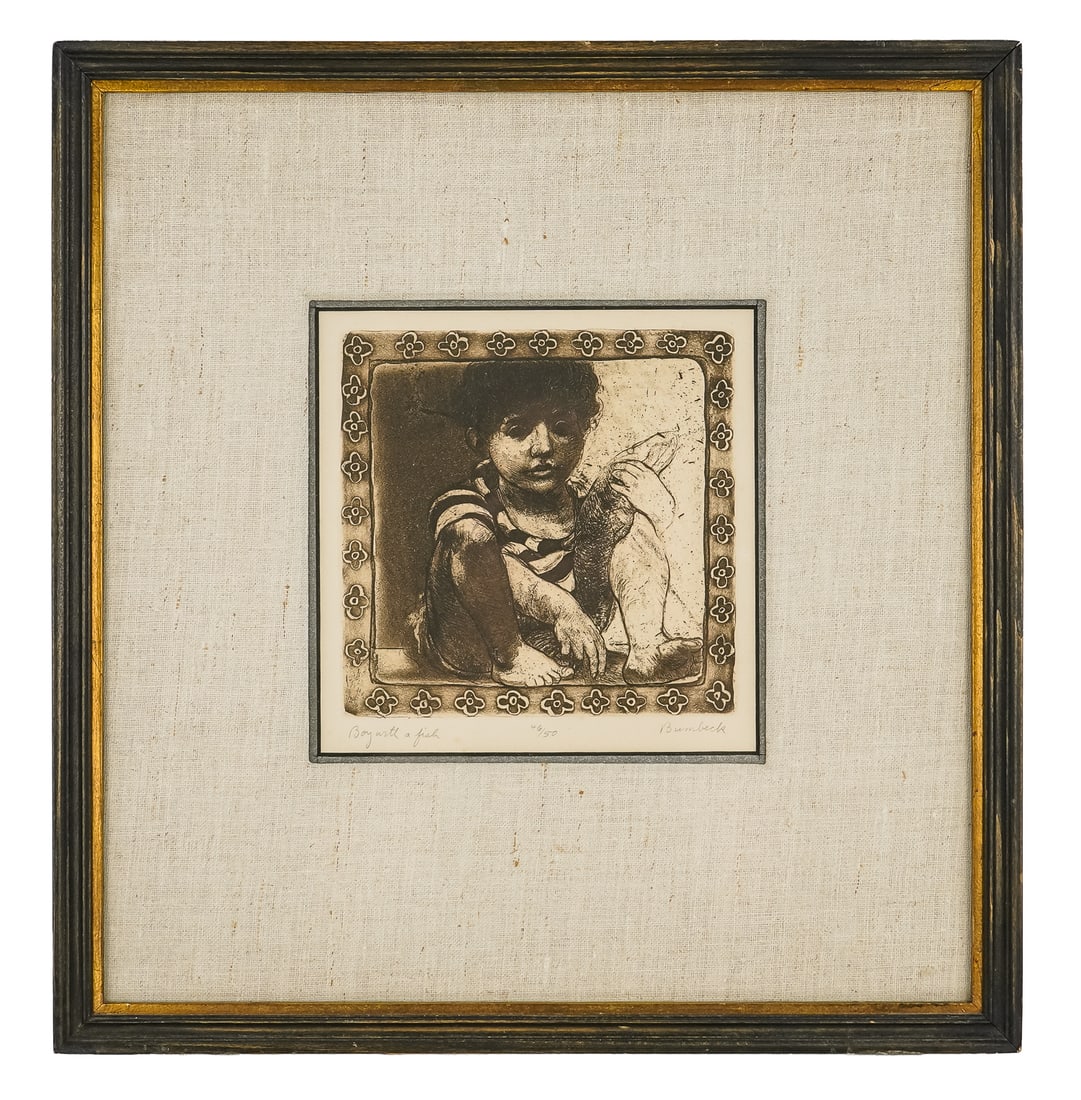 David Bumbeck (VT 1940-) Boy with Fish: David Bumbeck (Vermont 1940- ) Boy with a fish engraving and aquatint on paper signed identified and editioned 46/50 lower margin, plate 6 x 6" 15 x 14" as framed.