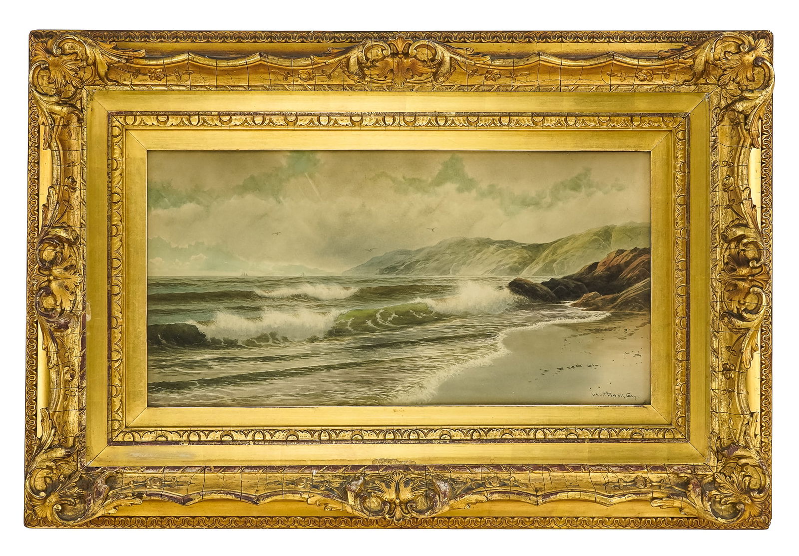 George Howell Gay (AM 1858-1931) Seascape: George Howell Gay (American 1858-1931) Seascape- Watercolor and gouache on paper 10 x 20" 20 x 30" as framed. signed lower right. Gay worked in all media, but was especially adept at watercolor,