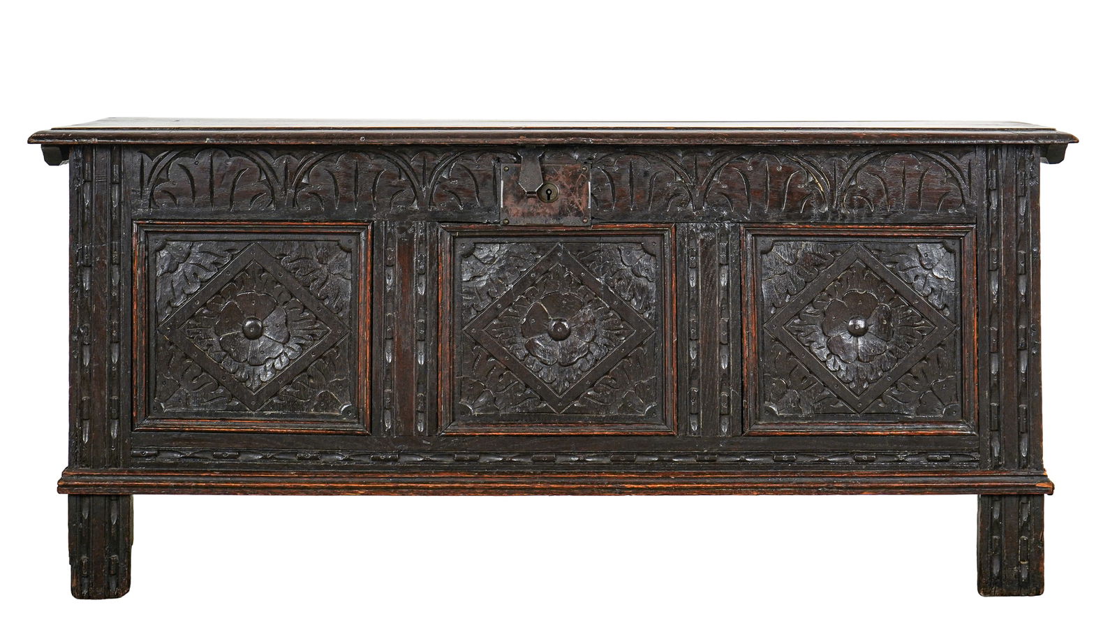 17th or 18th c English Carved oak blanket box (1 of 8)
